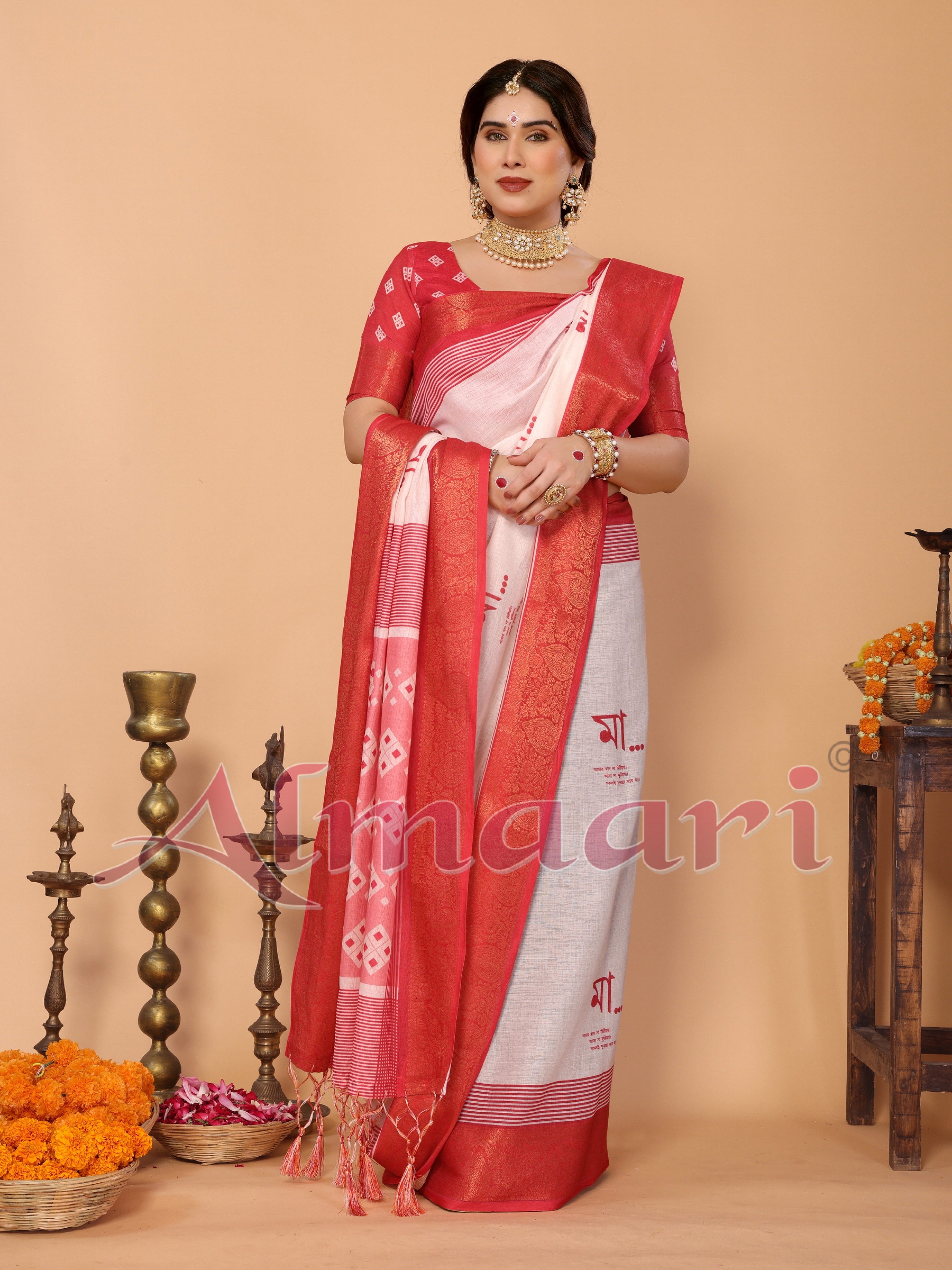 Crimson Red & Cream Handloom Linen Saree with Digital Maa Durga Face & Zari Border | Durga Puja Special Drape with Tassel Pallu