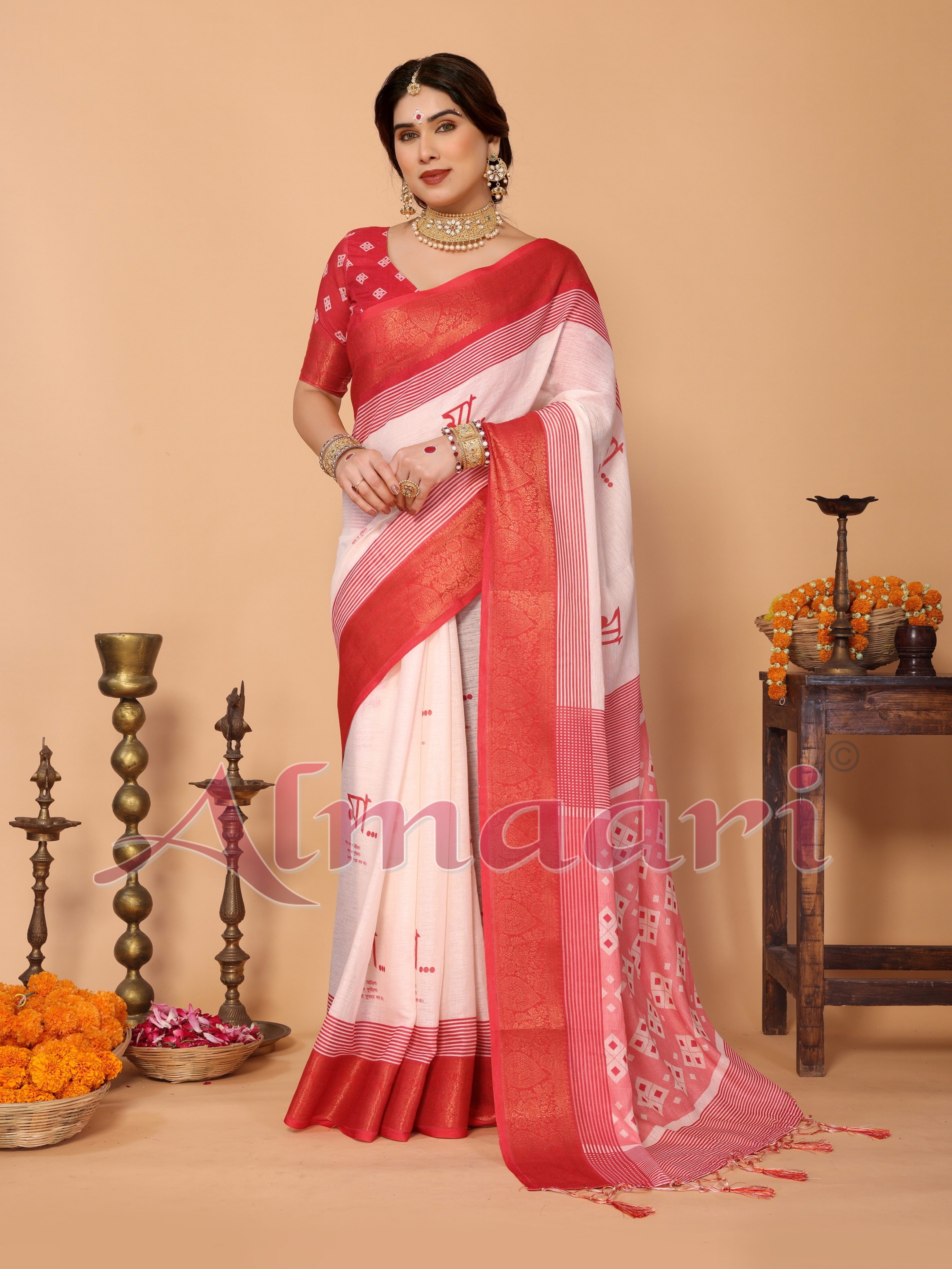 Crimson Red & Cream Handloom Linen Saree with Digital Maa Durga Face & Zari Border | Durga Puja Special Drape with Tassel Pallu