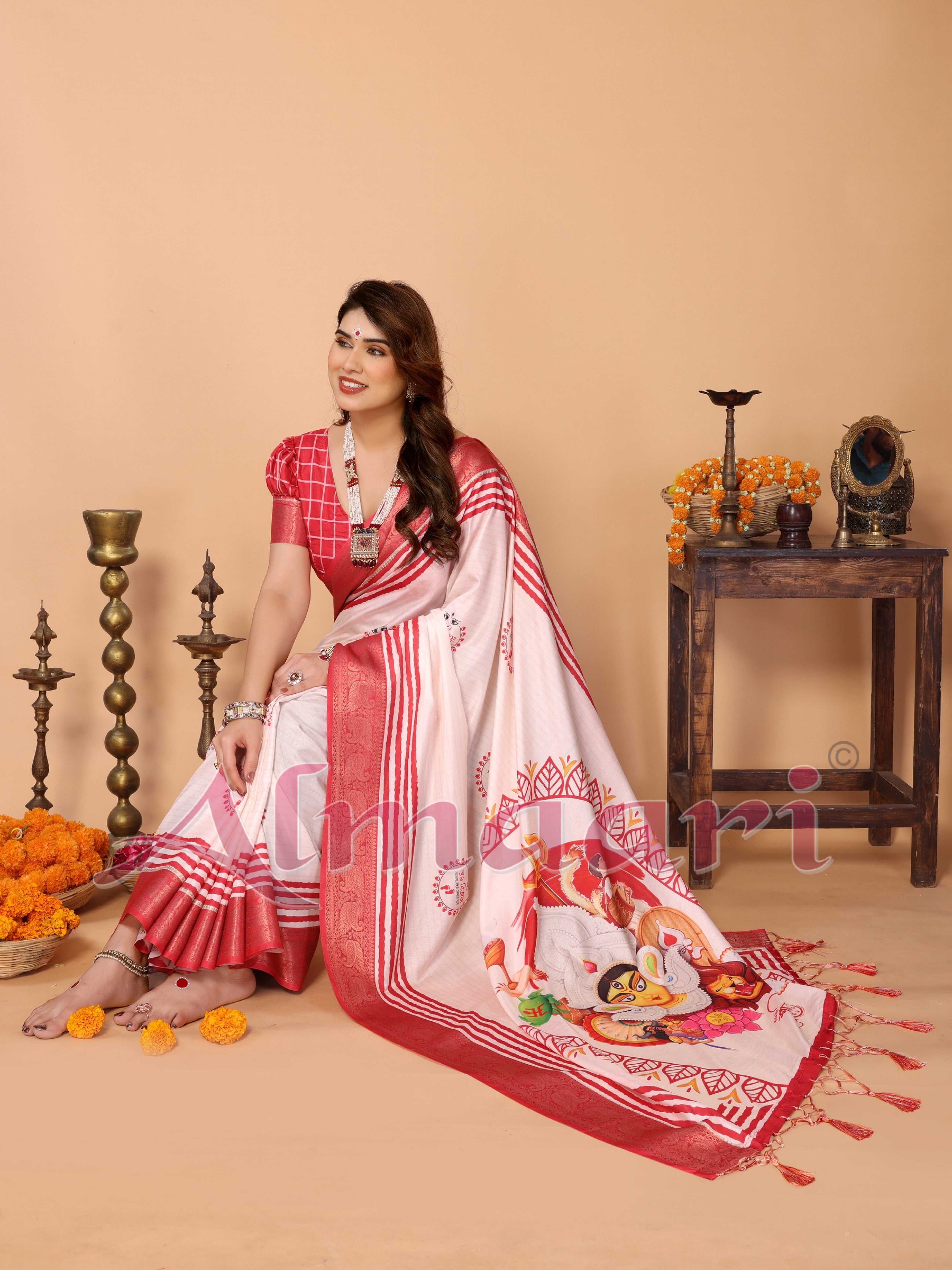 Crimson Red Handloom Linen Saree with Maa Durga Mahishasura Mardini Pallu & Zari Border | Durga Puja Special