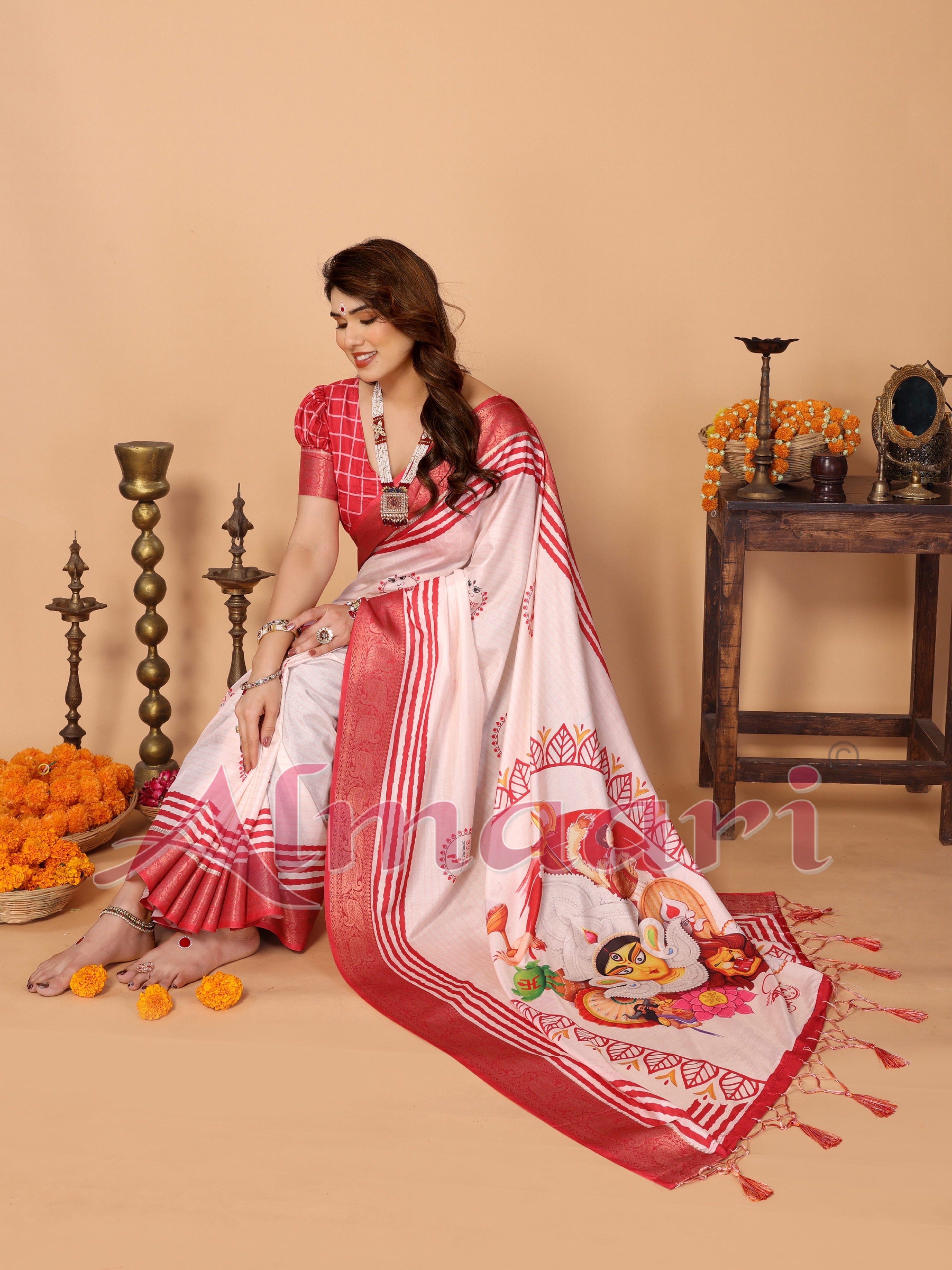 Crimson Red Handloom Linen Saree with Maa Durga Mahishasura Mardini Pallu & Zari Border | Durga Puja Special