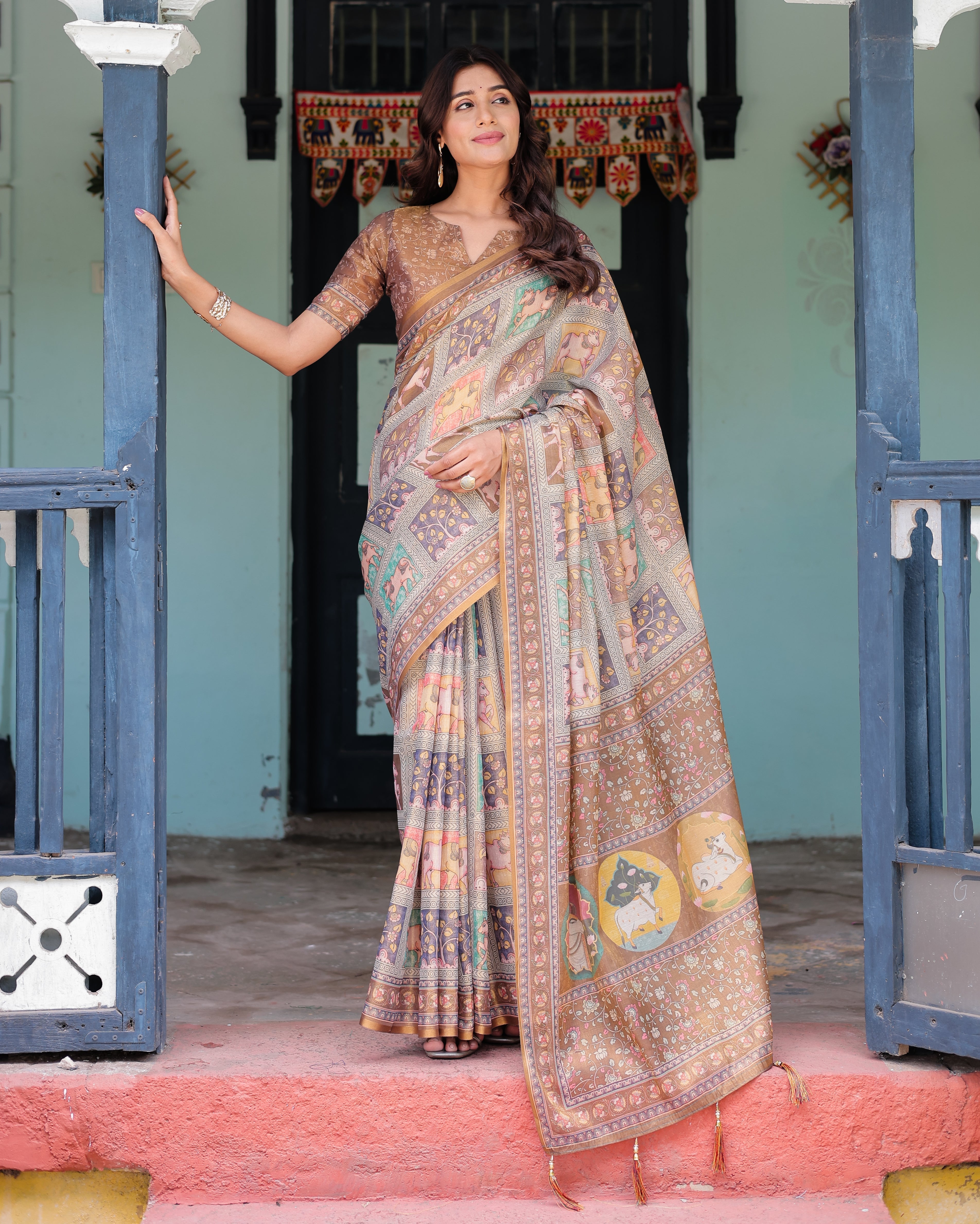 Coffee Brown Handloom Cotton Saree with Classical Art & Sacred Cow Pallu
