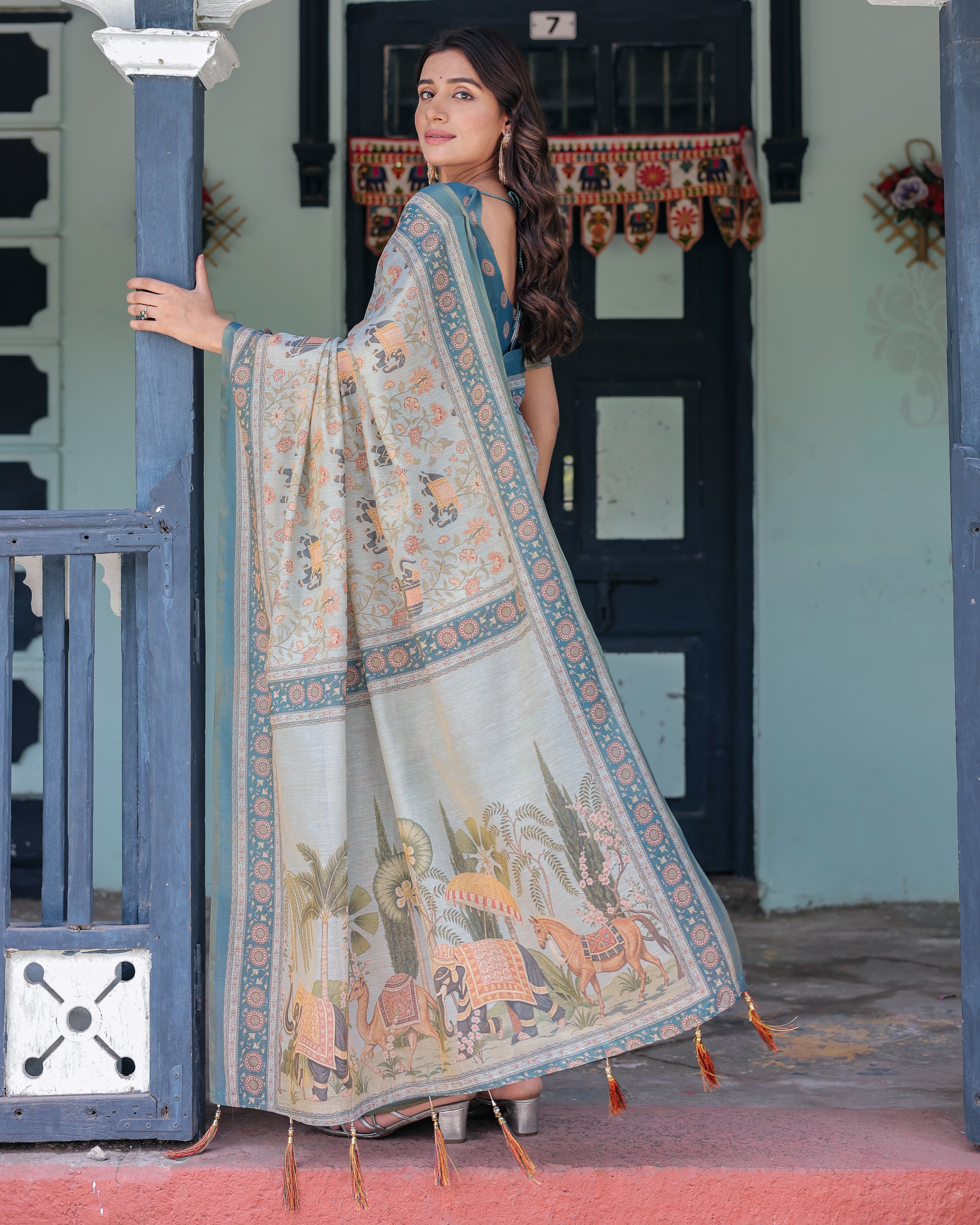 Icy Blue Handloom Cotton Saree with Peach Elephant Motifs & Royal Procession Pallu