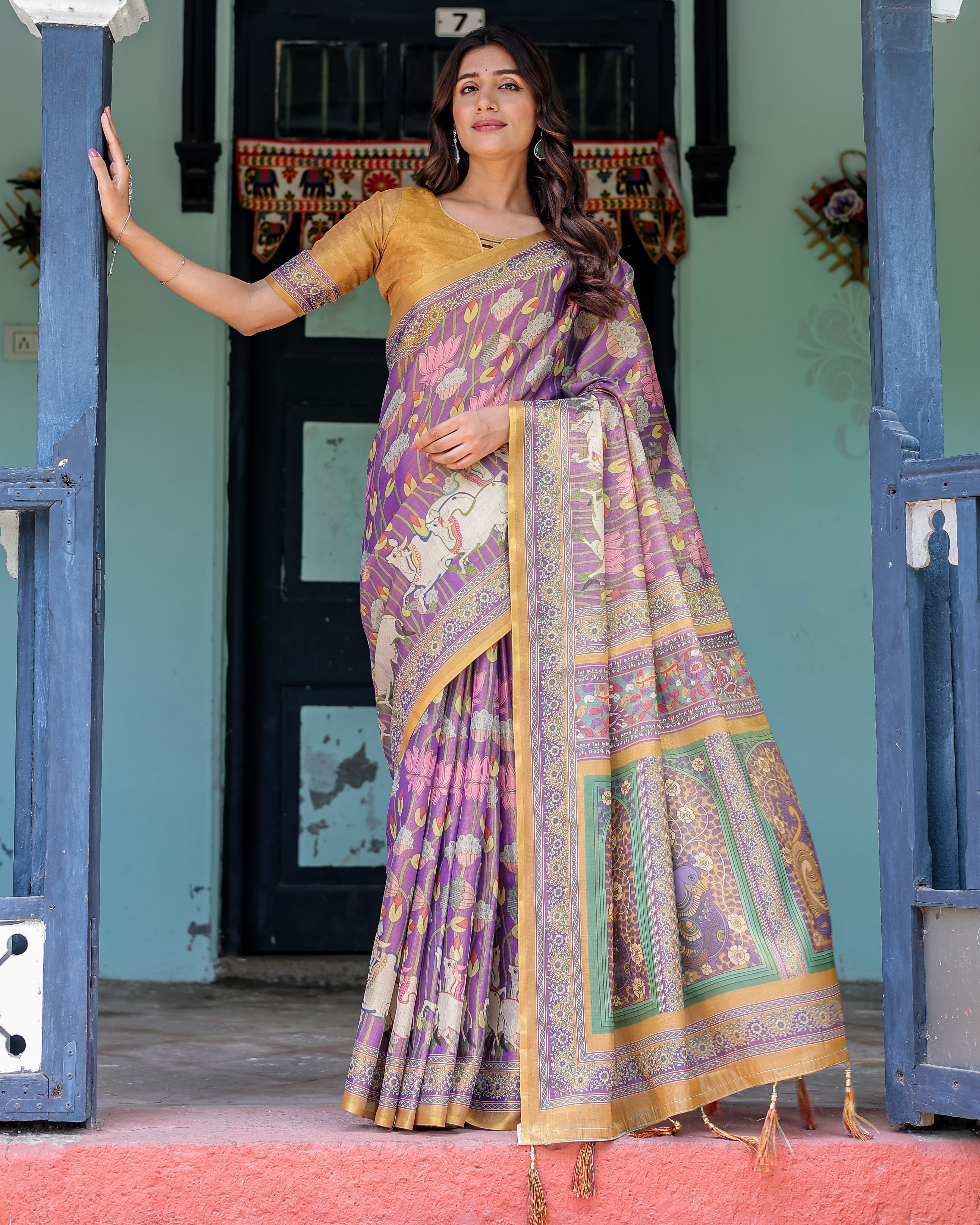 Royal Violet Handloom Cotton Saree with Cow Motifs & Temple Pallu Art
