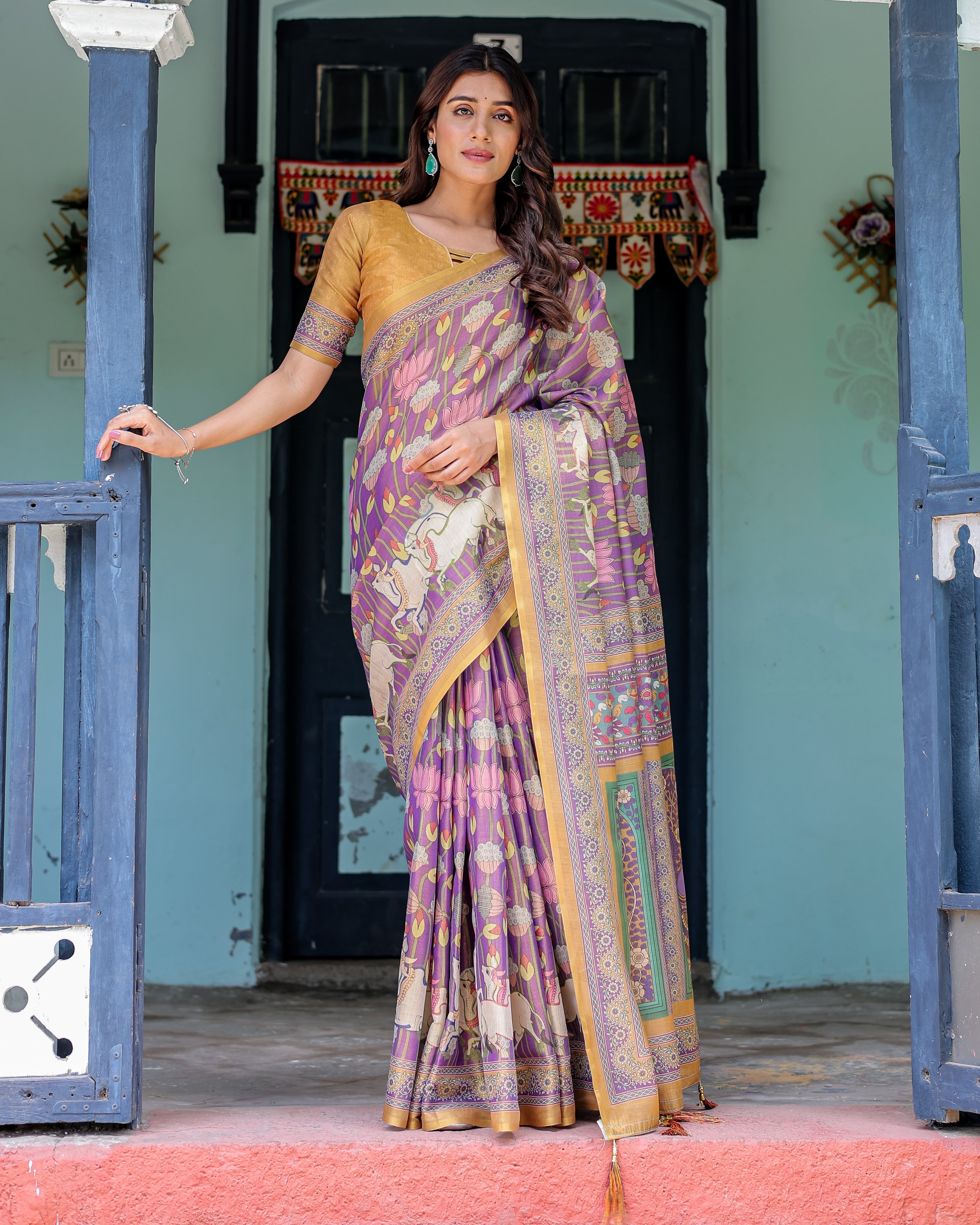 Royal Violet Handloom Cotton Saree with Cow Motifs & Temple Pallu Art