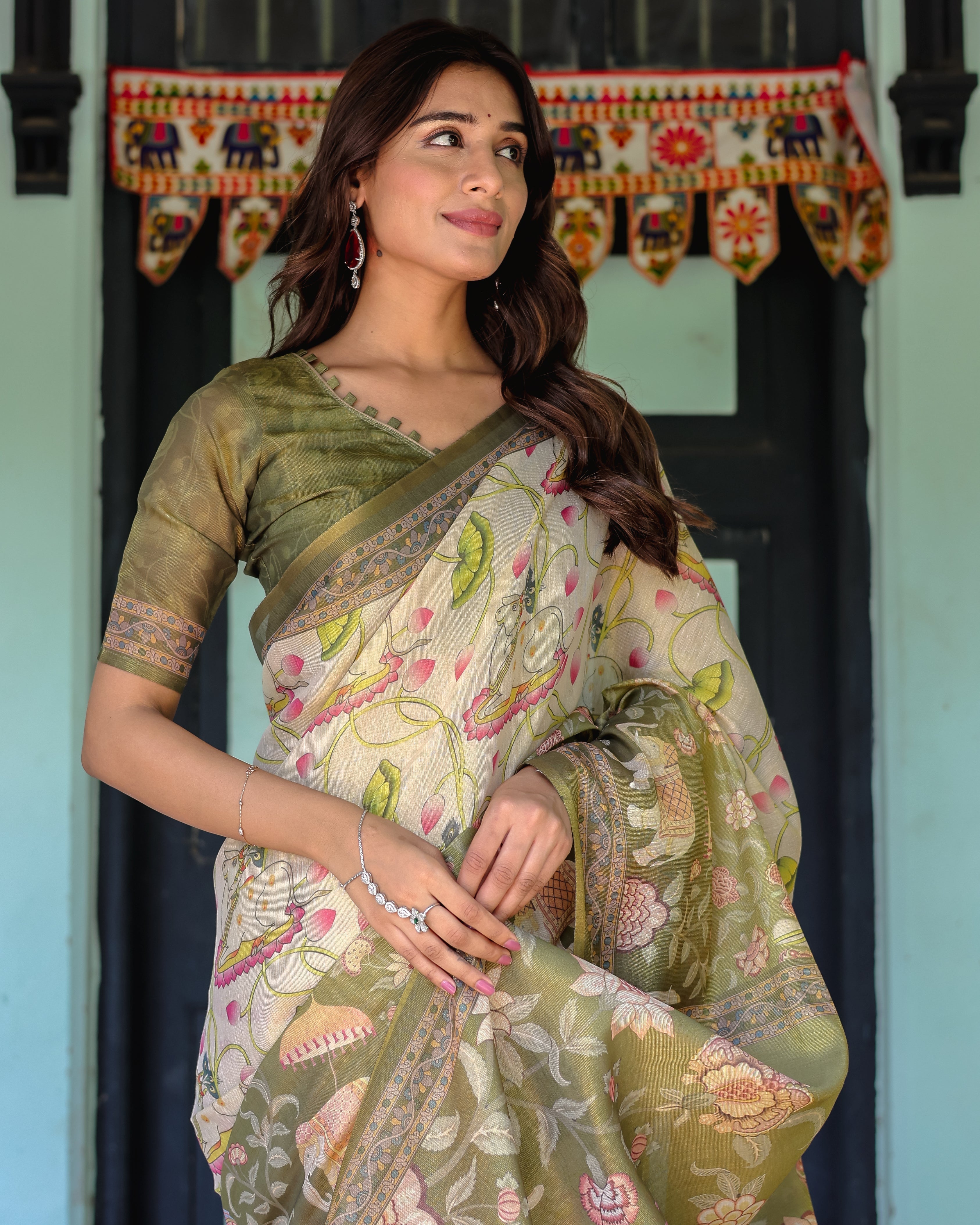 Olive Green & Ivory Handloom Cotton Saree with Lotus Blooms and Royal Elephant Motifs