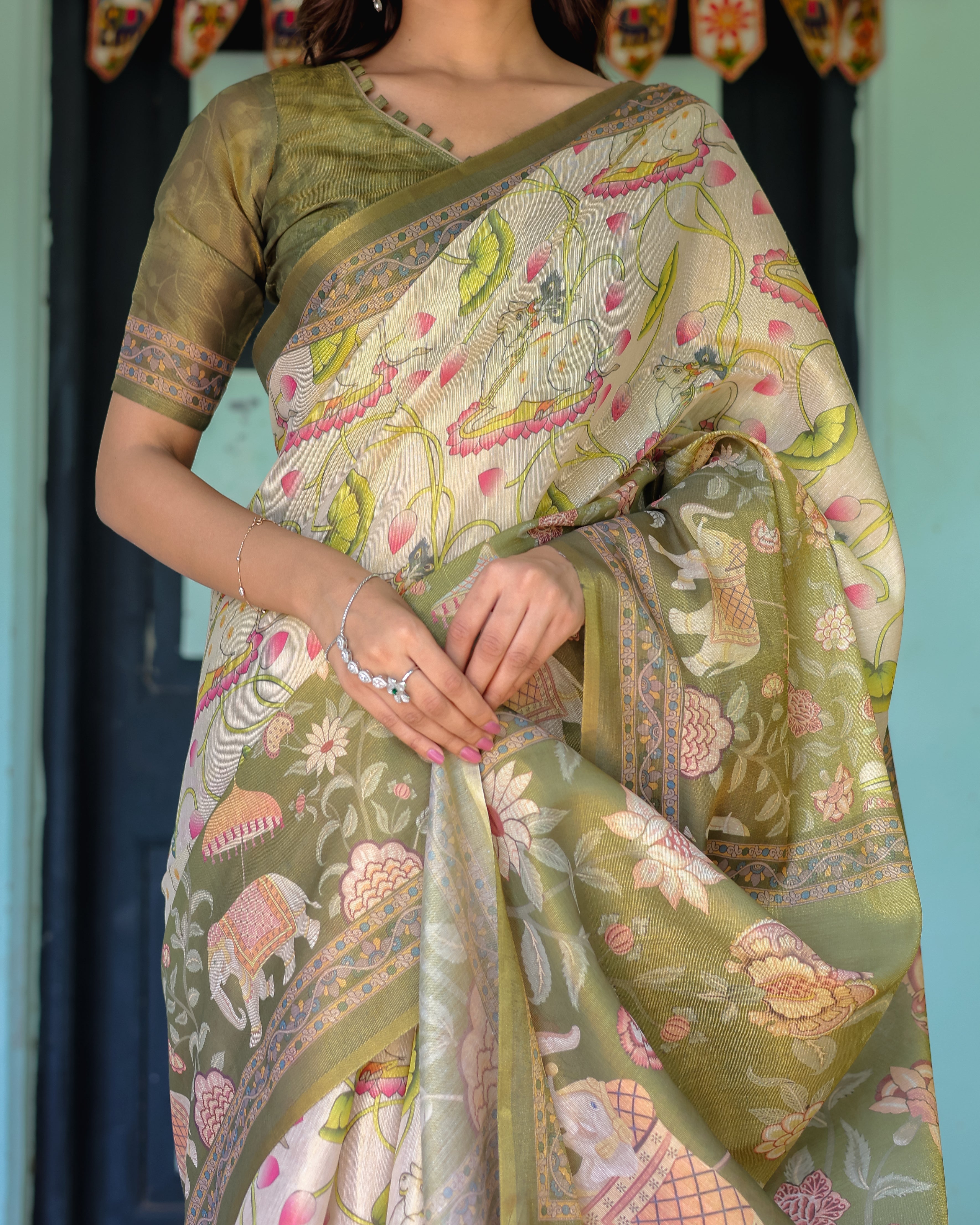 Olive Green & Ivory Handloom Cotton Saree with Lotus Blooms and Royal Elephant Motifs