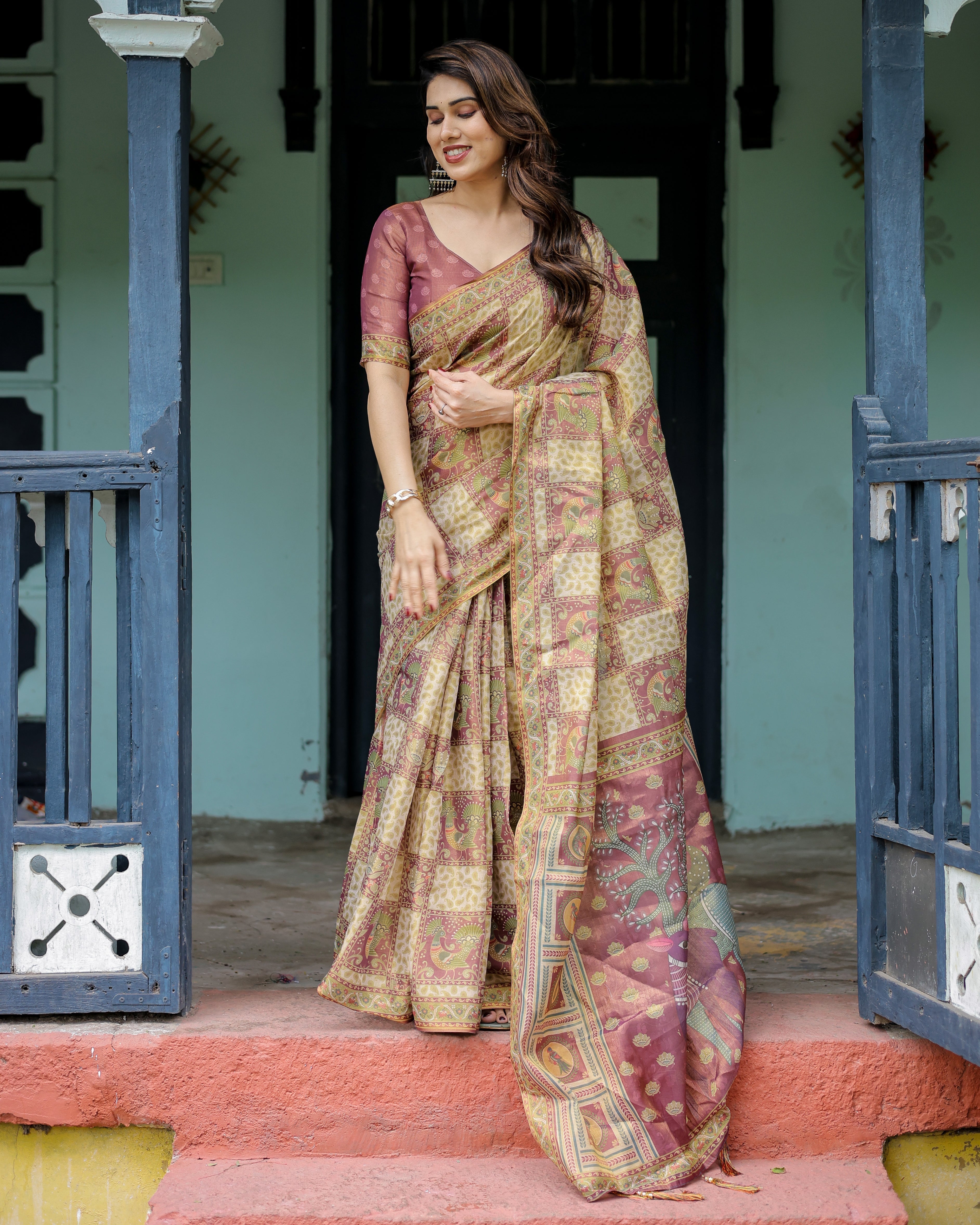Cream & Maroon Handloom Cotton Saree with Deer Pallu and Blocked Peacock Motifs
