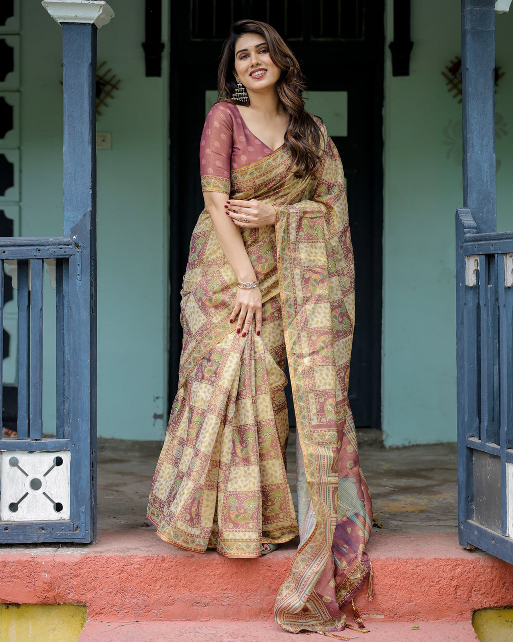 Cream & Maroon Handloom Cotton Saree with Deer Pallu and Blocked Peacock Motifs