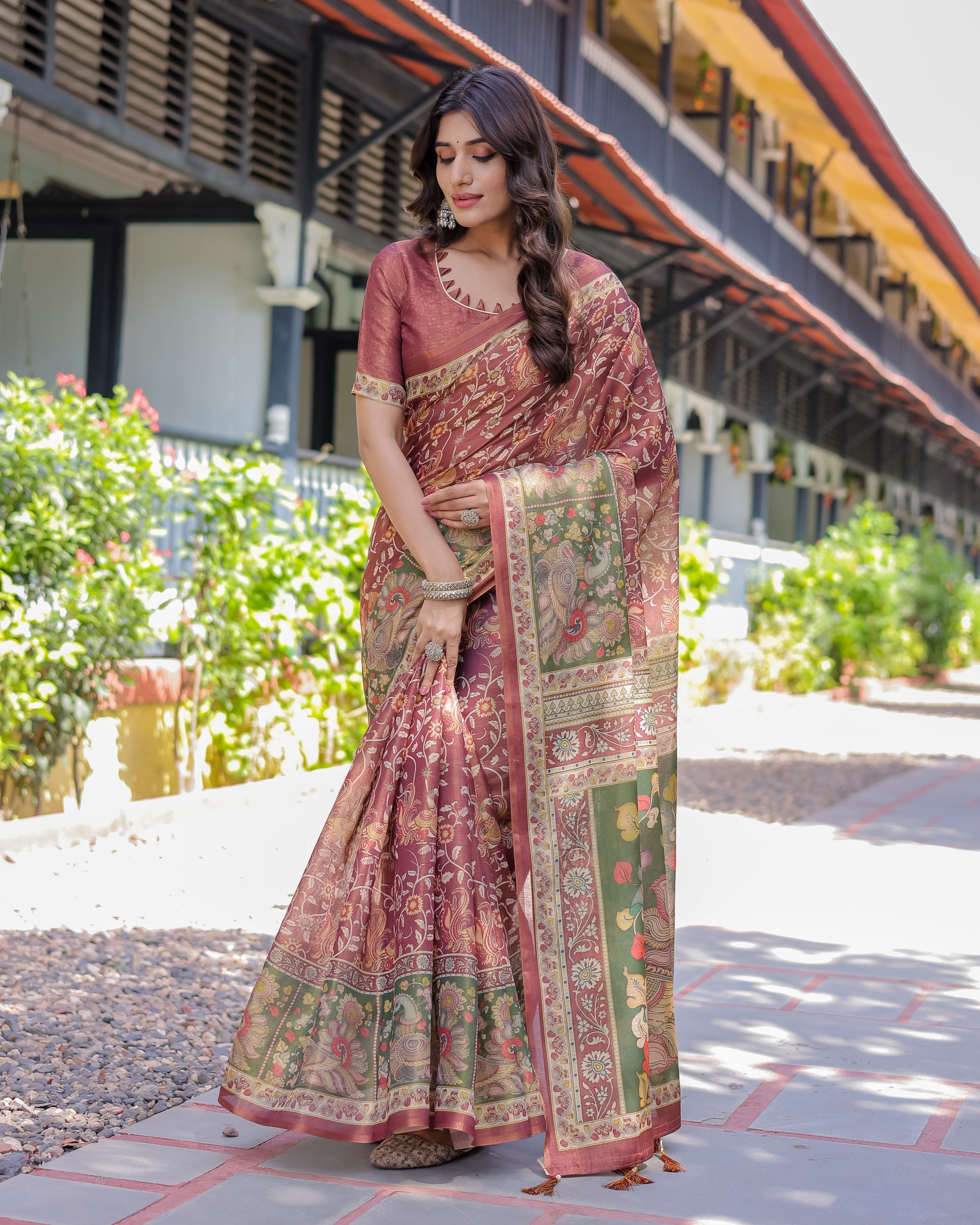 Maroon Handloom Cotton Saree with Intricate Peacock & Floral Art – Contrast Green Pallu