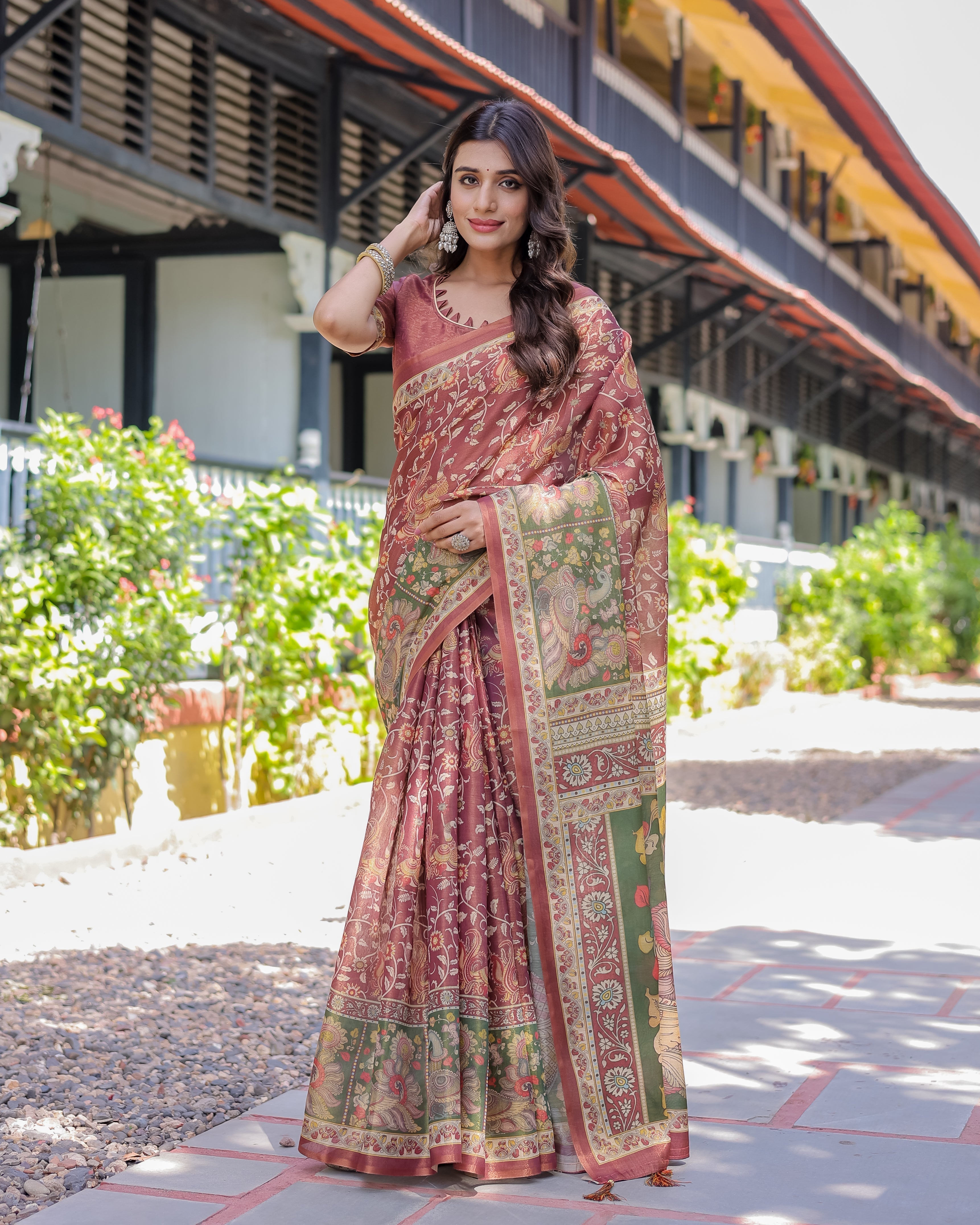 Maroon Handloom Cotton Saree with Intricate Peacock & Floral Art – Contrast Green Pallu