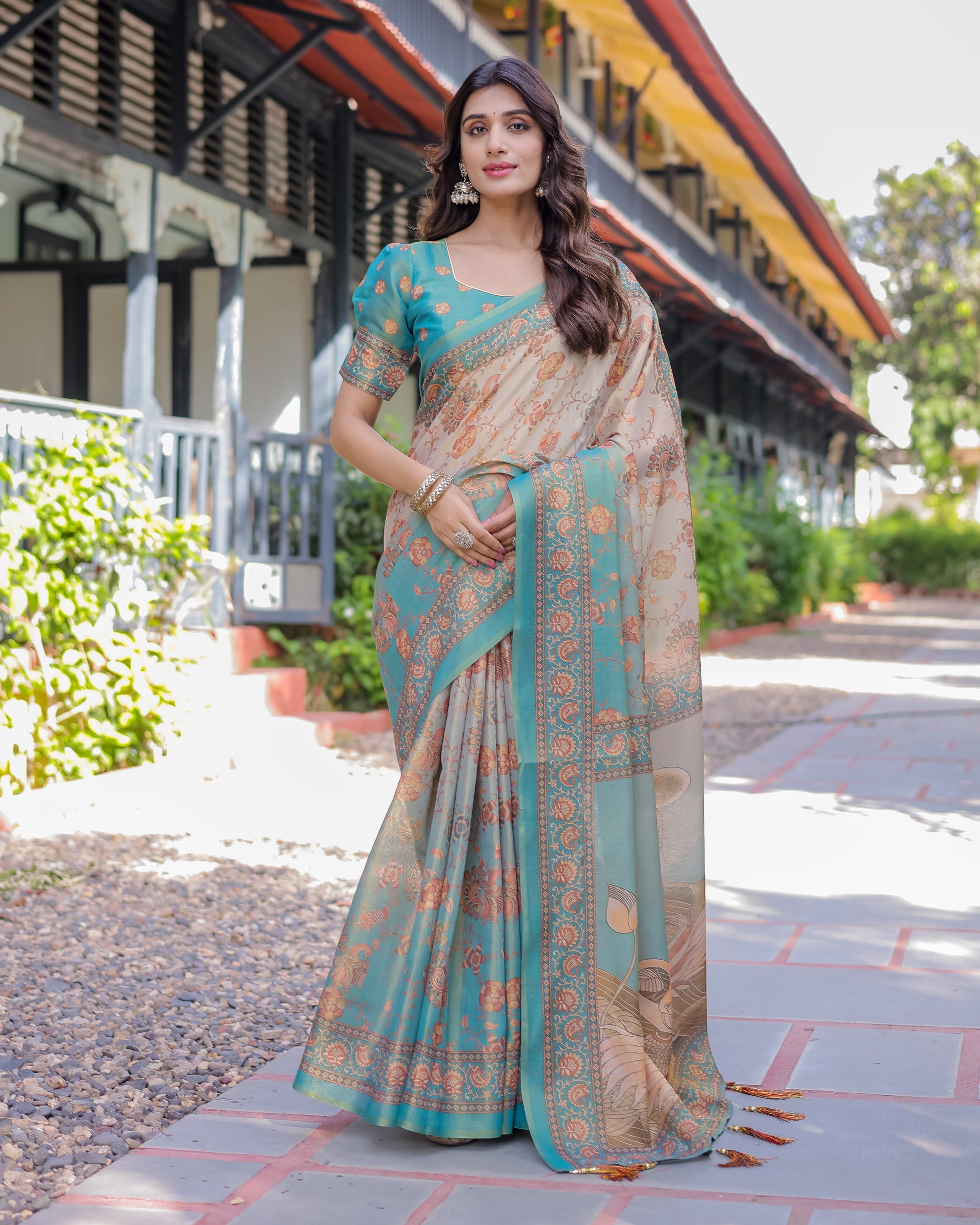 Teal Beige Handloom Cotton Saree with Swan Motif Pallu & Floral Digital Print