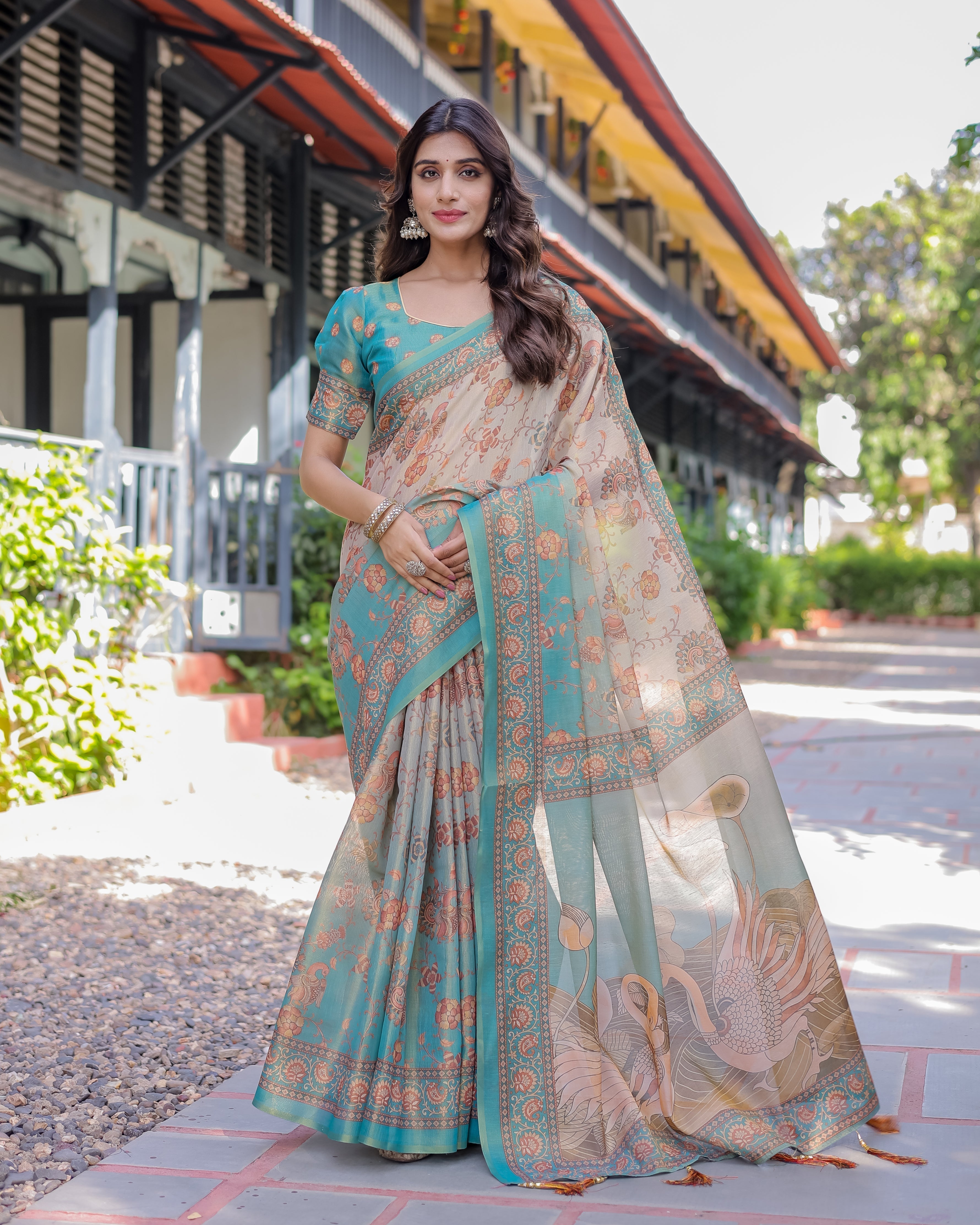 Teal Beige Handloom Cotton Saree with Swan Motif Pallu & Floral Digital Print