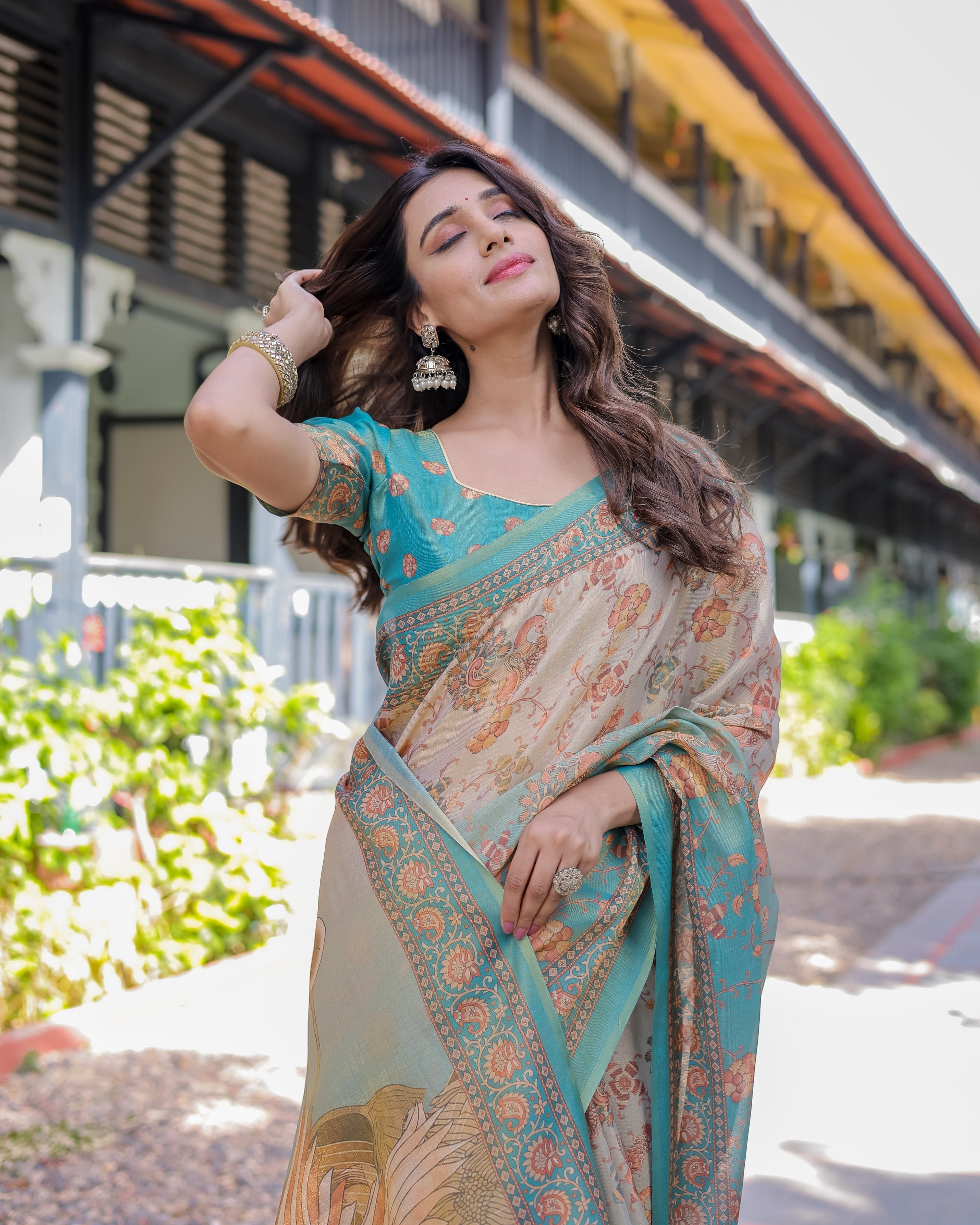 Teal Beige Handloom Cotton Saree with Swan Motif Pallu & Floral Digital Print