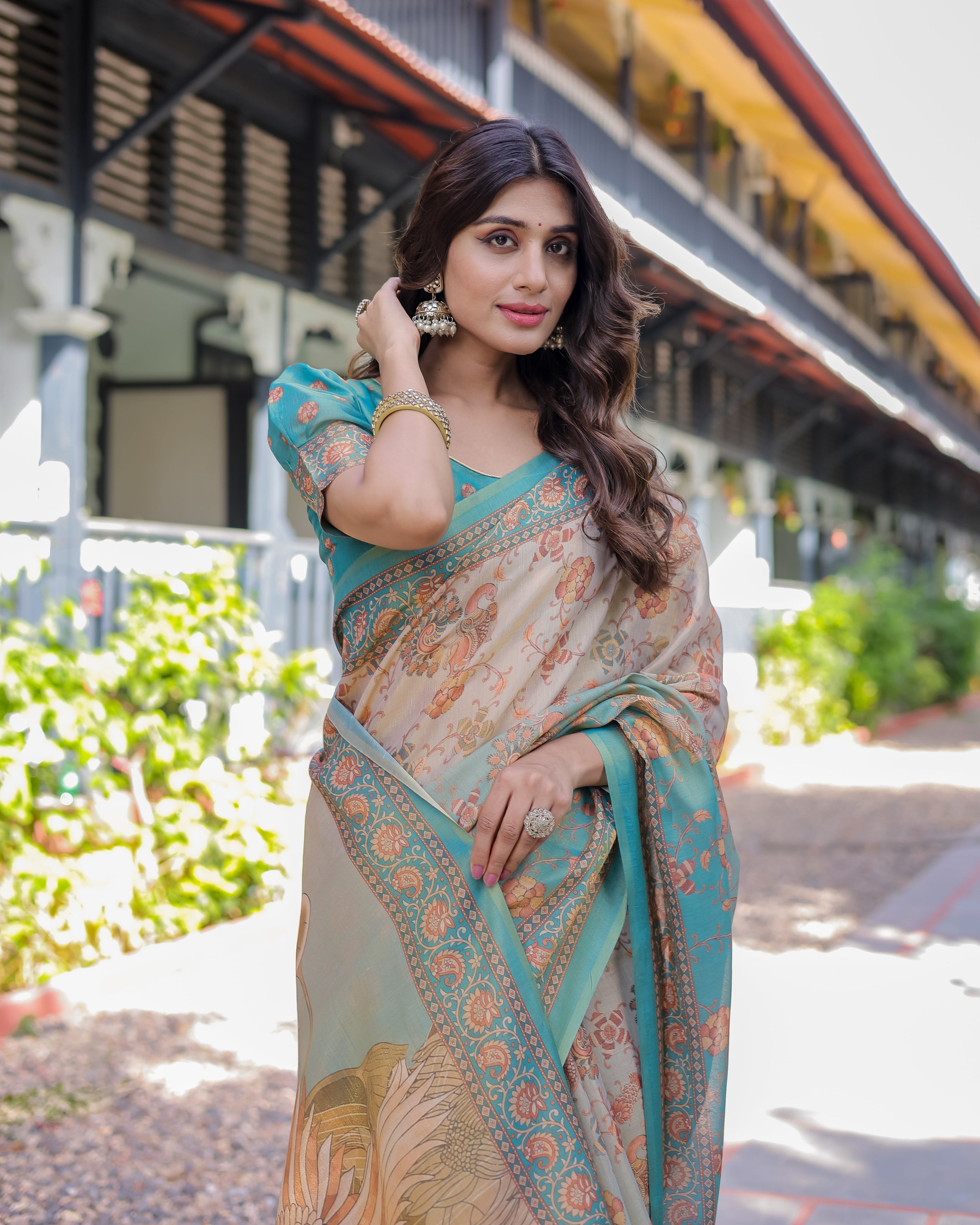 Teal Beige Handloom Cotton Saree with Swan Motif Pallu & Floral Digital Print