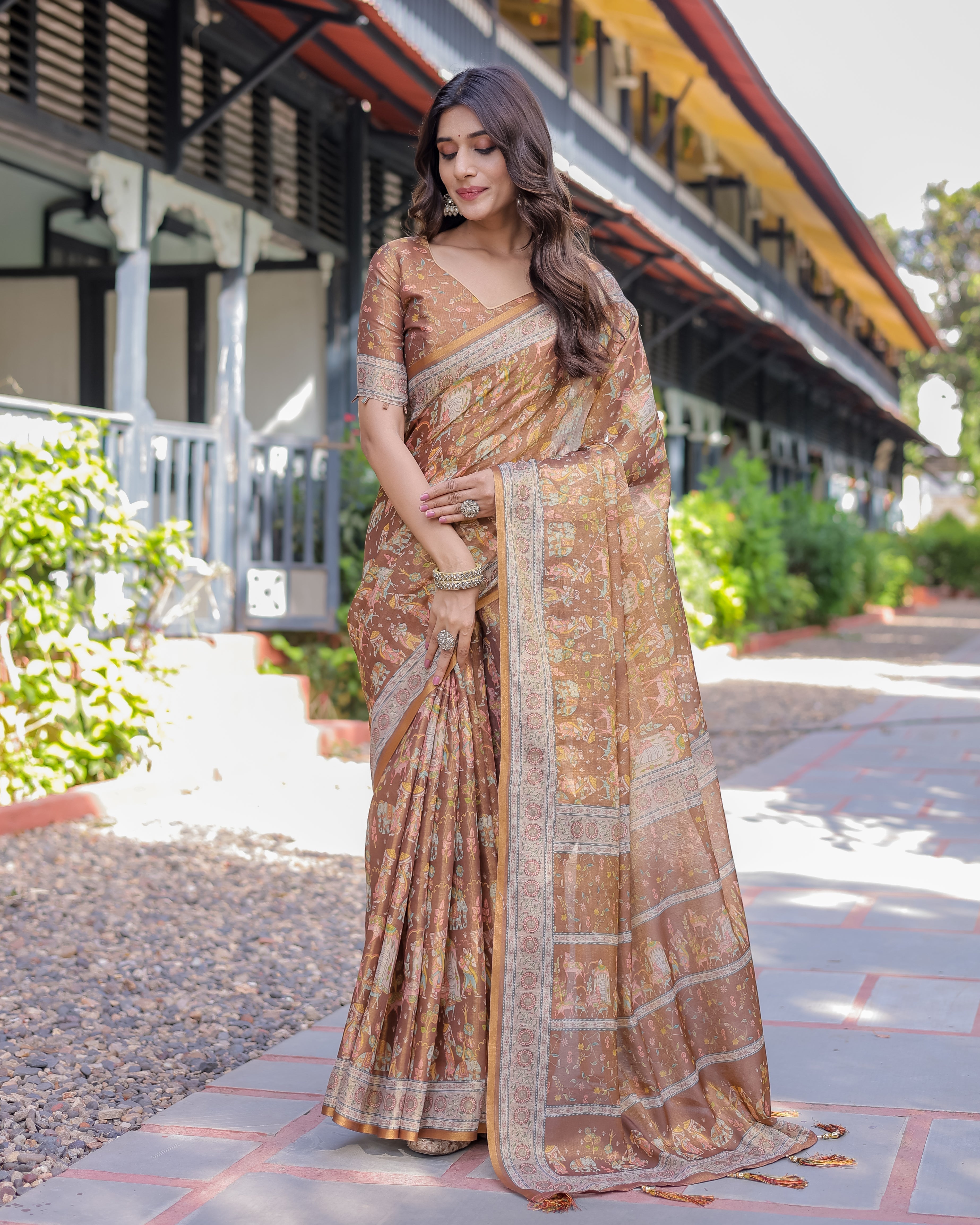 Royal Brown Procession Print Handloom Cotton Saree with Illustrated Pallu & Blouse
