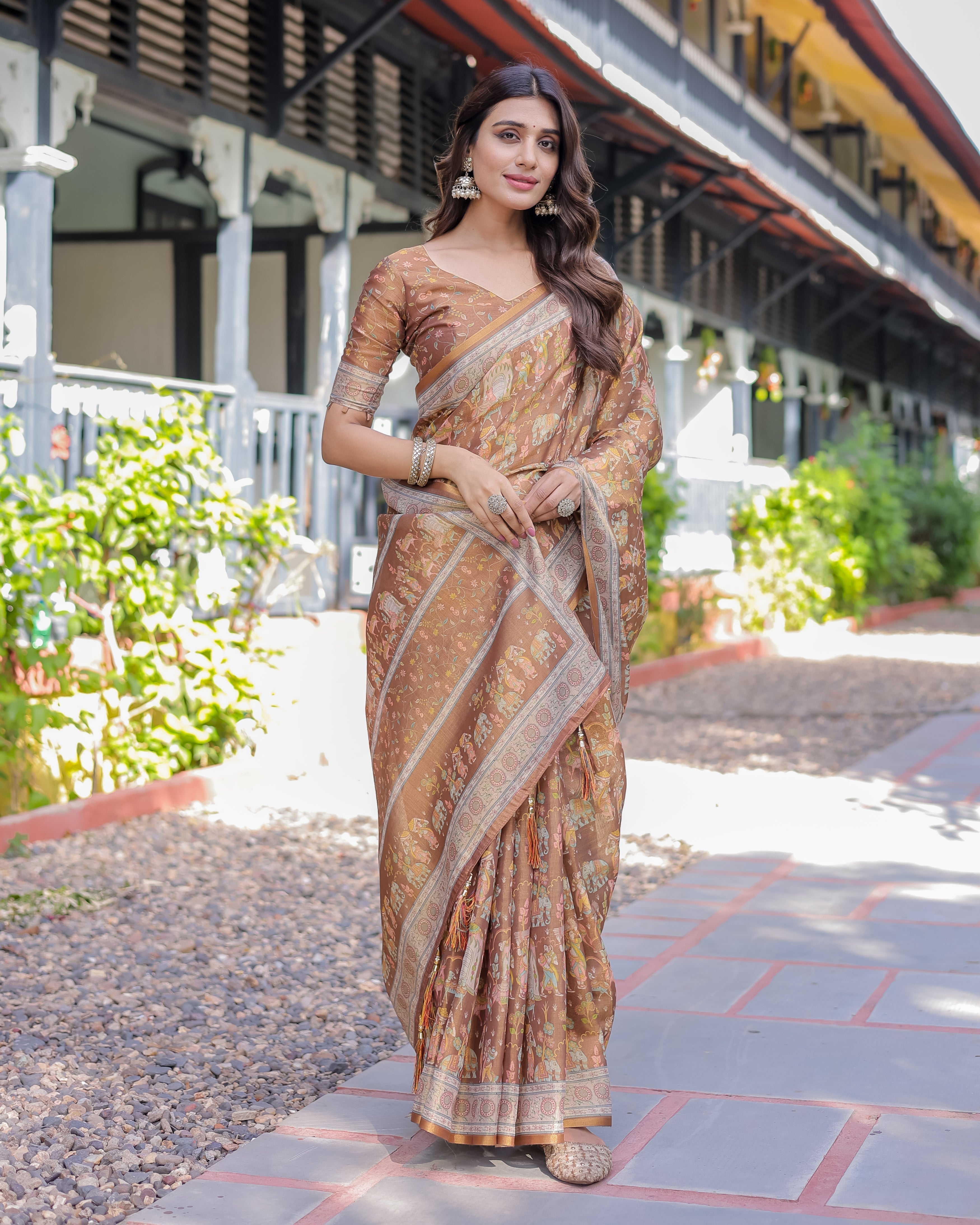 Royal Brown Procession Print Handloom Cotton Saree with Illustrated Pallu & Blouse