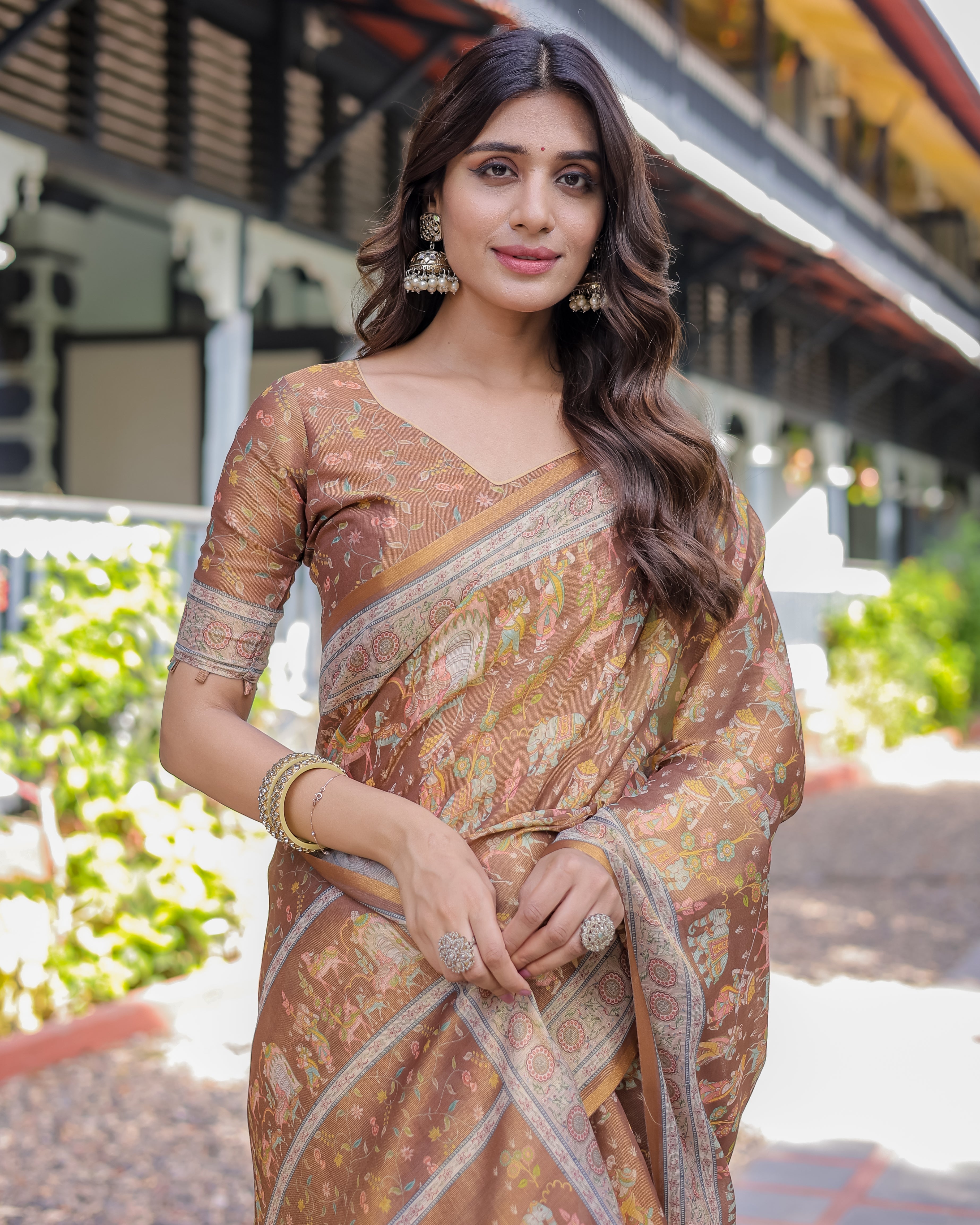 Royal Brown Procession Print Handloom Cotton Saree with Illustrated Pallu & Blouse