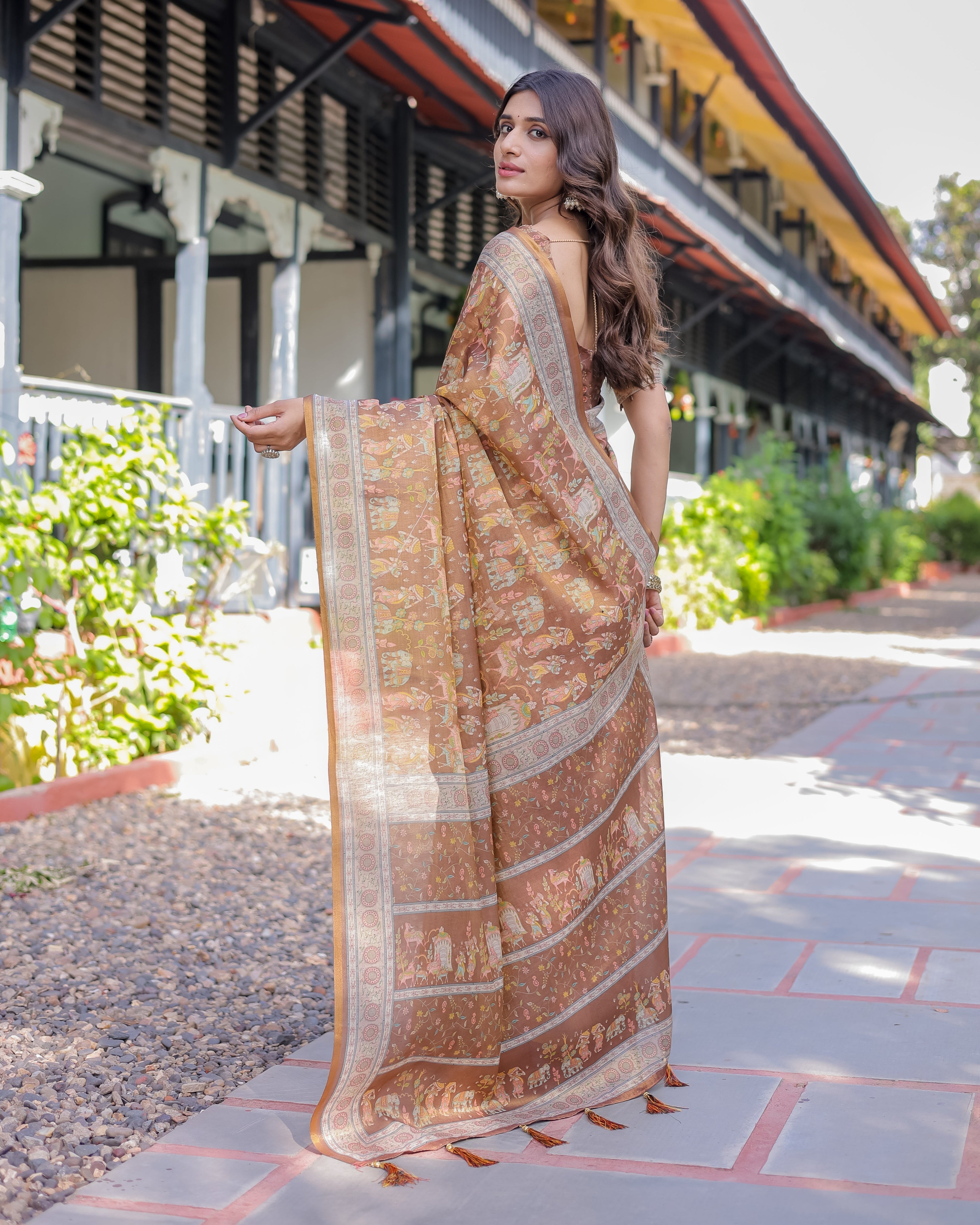 Royal Brown Procession Print Handloom Cotton Saree with Illustrated Pallu & Blouse