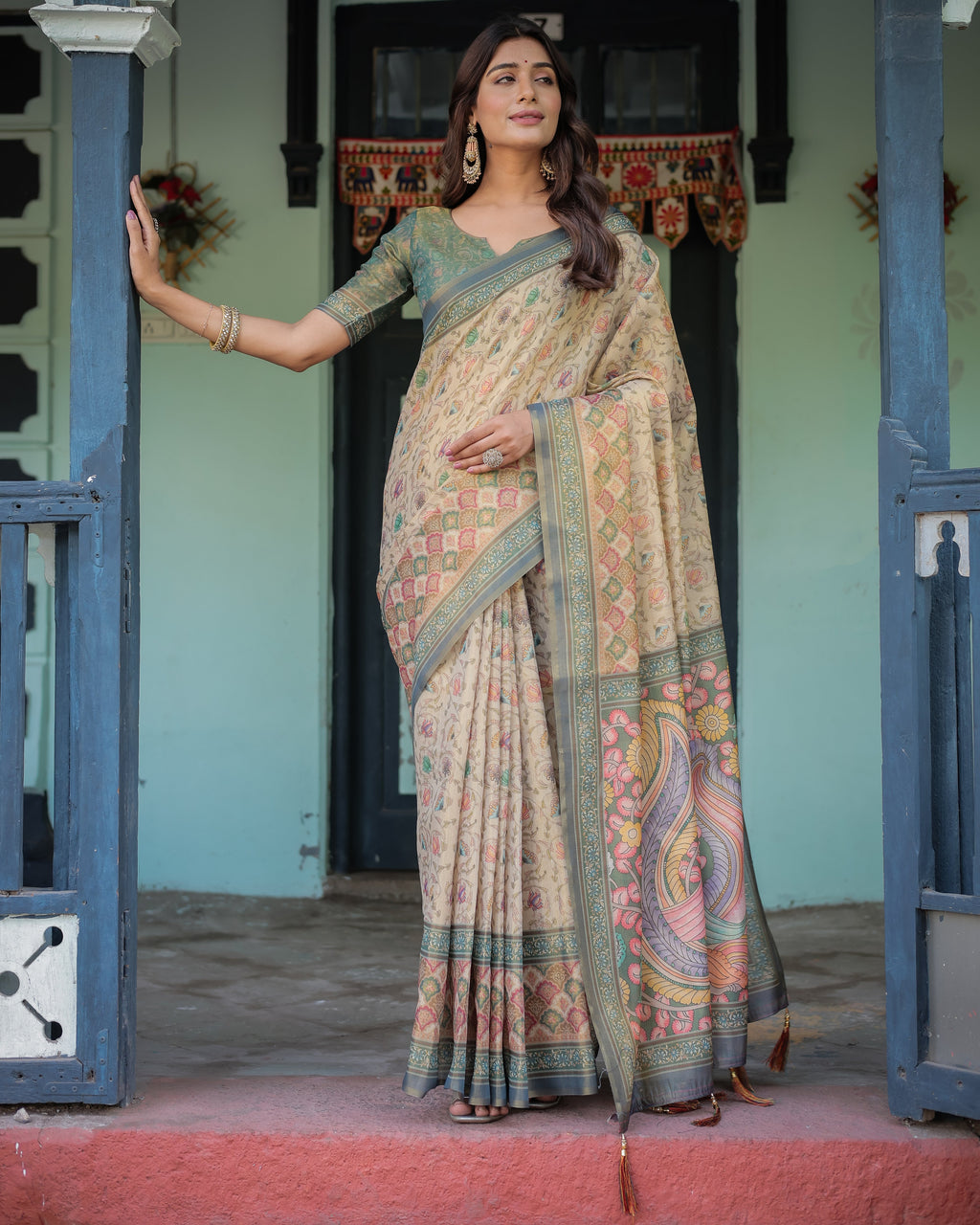Beige Green Handloom Cotton Saree with Lotus Print & Colorful Peacock Pallu