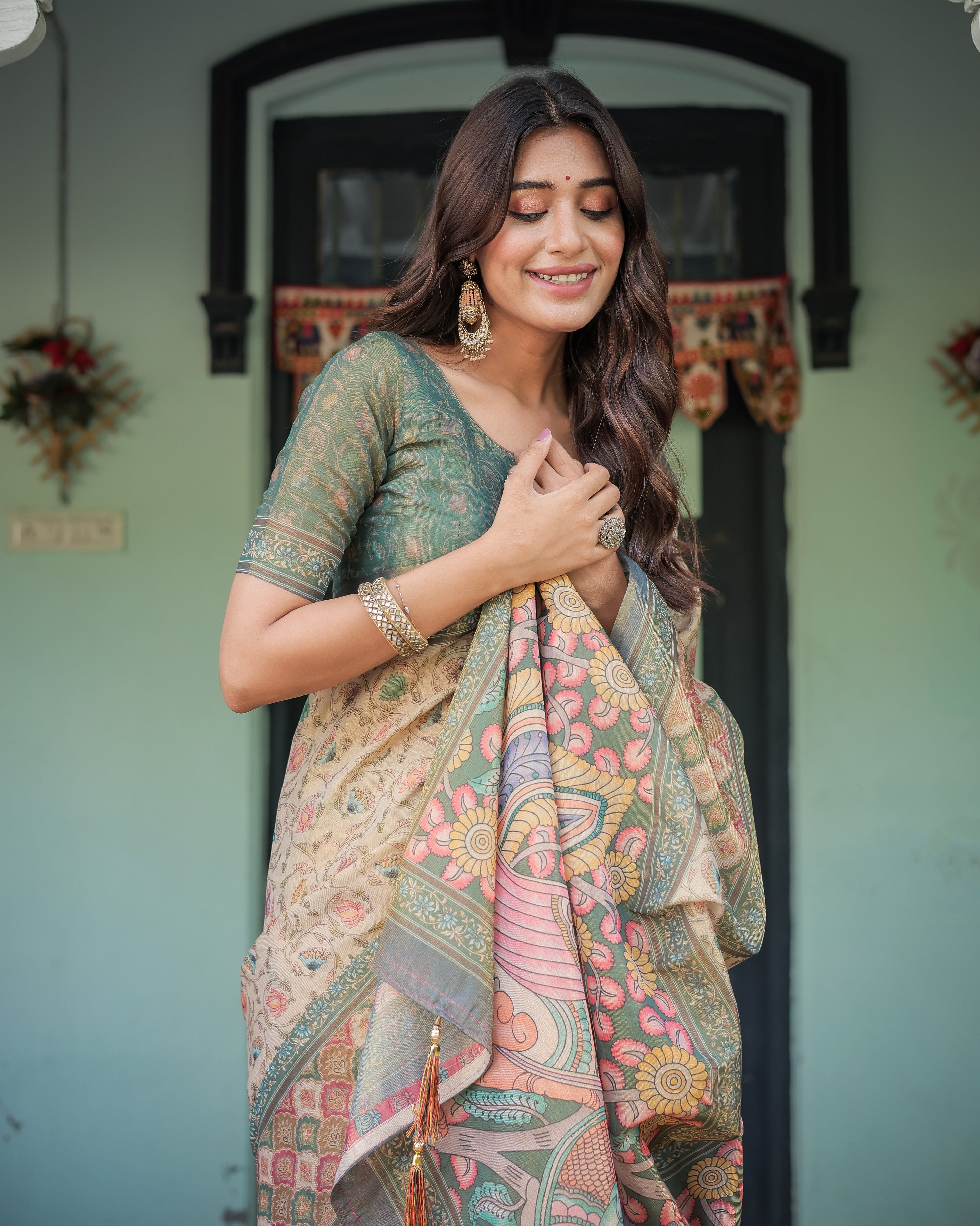 Beige Green Handloom Cotton Saree with Lotus Print & Colorful Peacock Pallu