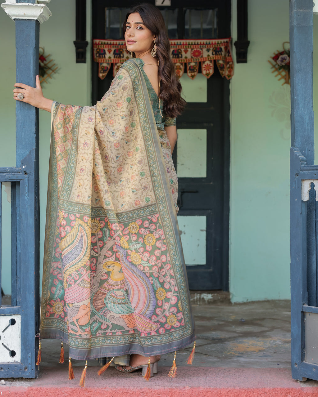 Beige Green Handloom Cotton Saree with Lotus Print & Colorful Peacock Pallu