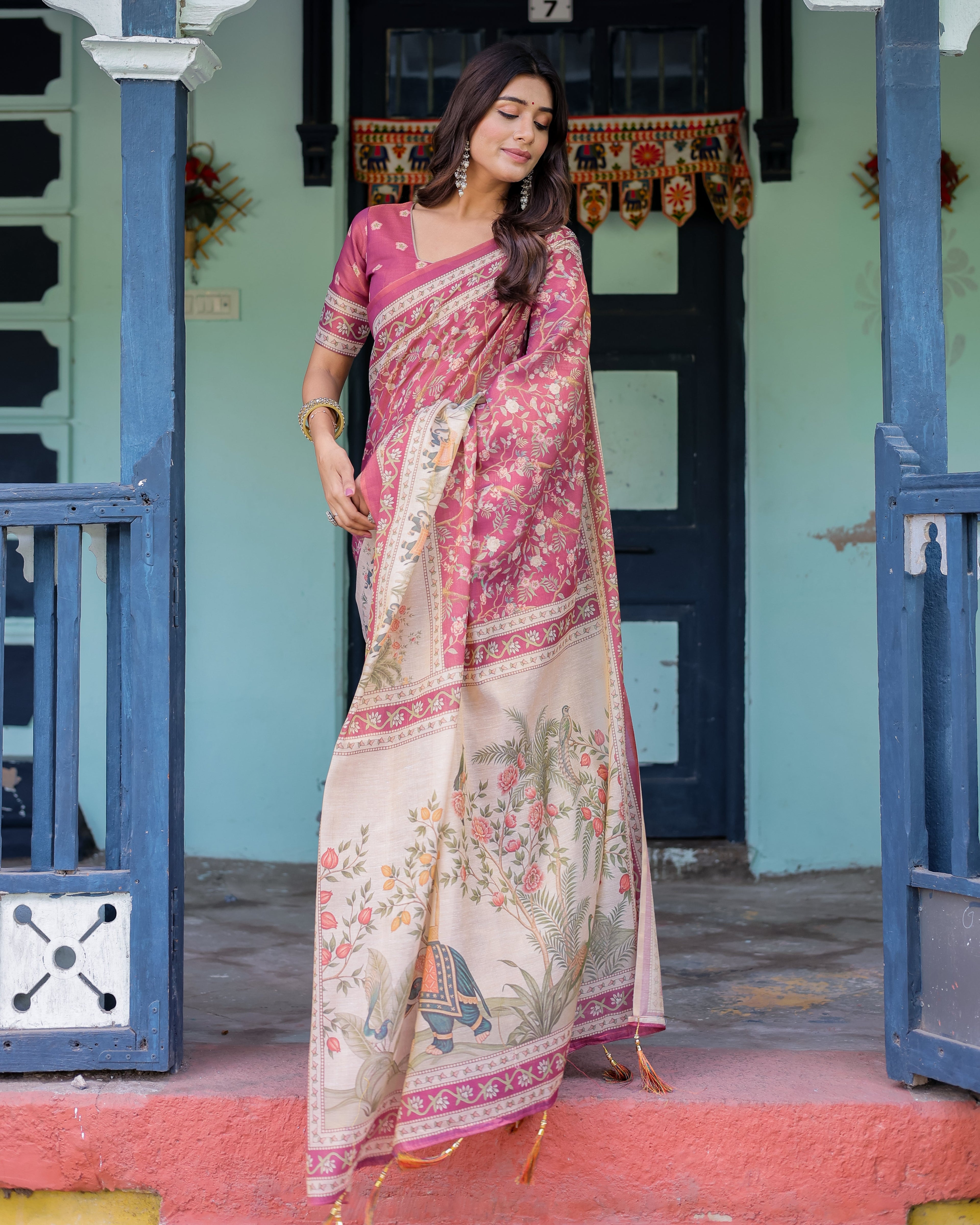 Rose Pink Handloom Cotton Saree with Ivory Elephant Procession Pallu & Floral Print