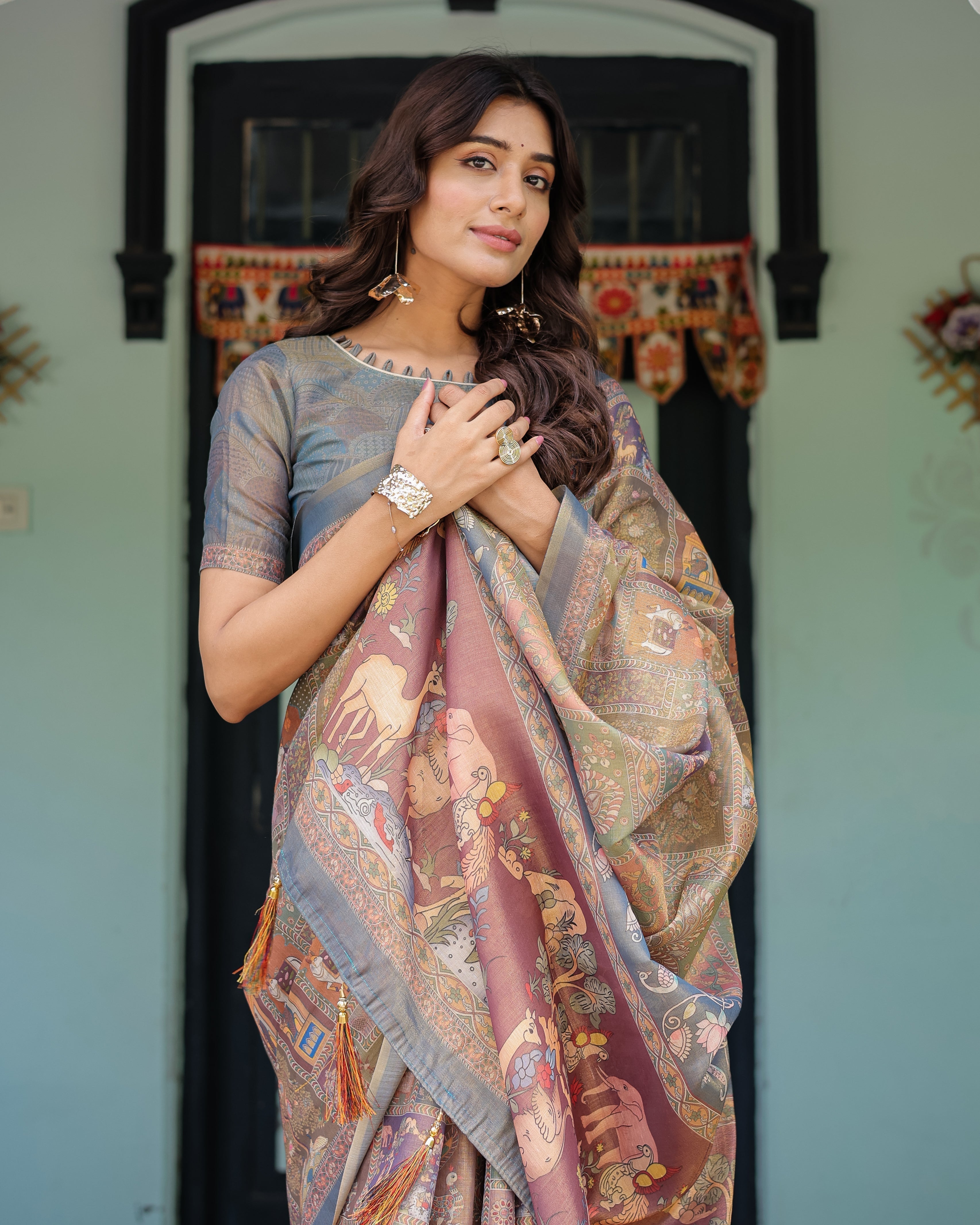 Rust Beige Handloom Cotton Saree with Royal Animal Caravan & Scenic Village Pallu