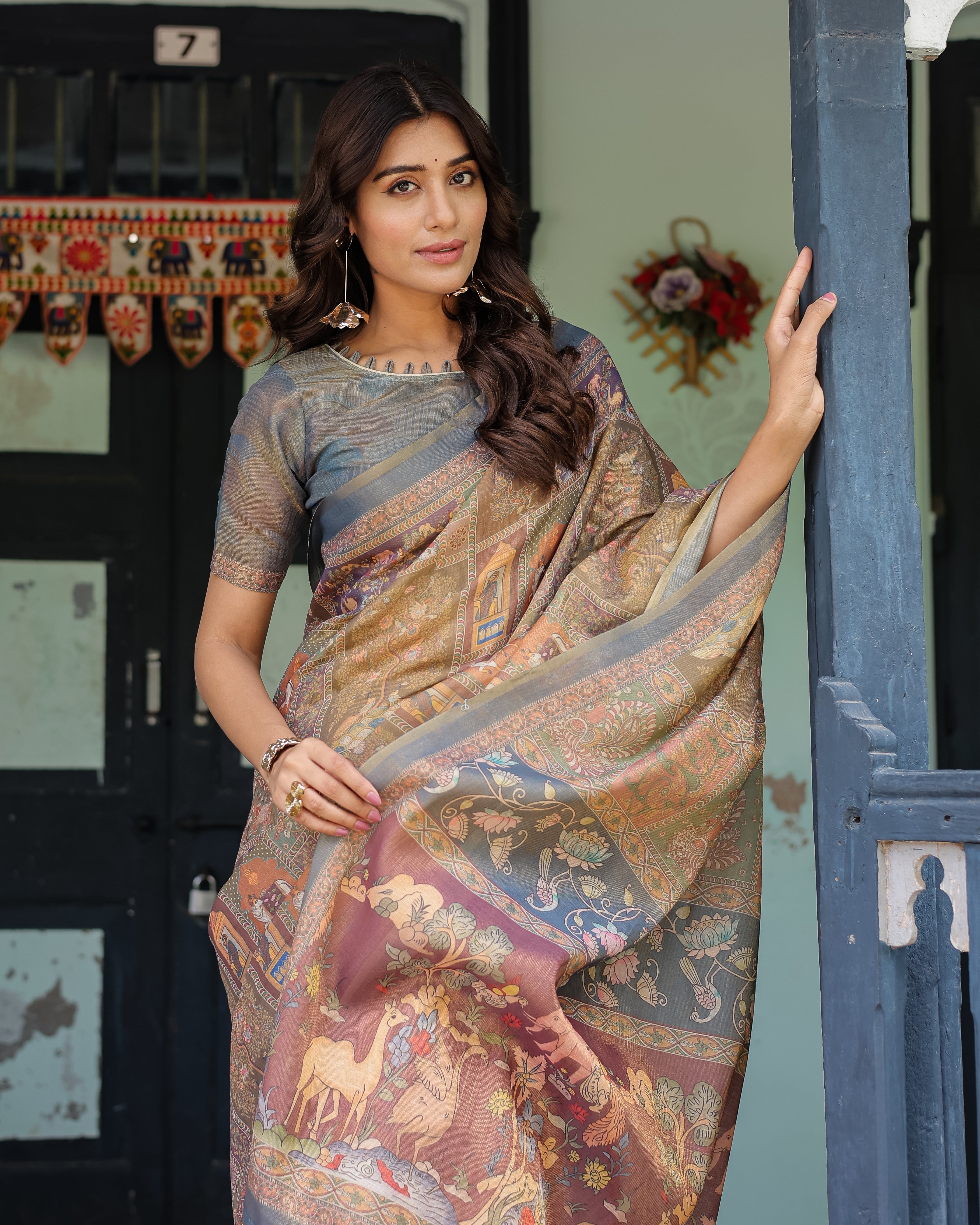 Rust Beige Handloom Cotton Saree with Royal Animal Caravan & Scenic Village Pallu