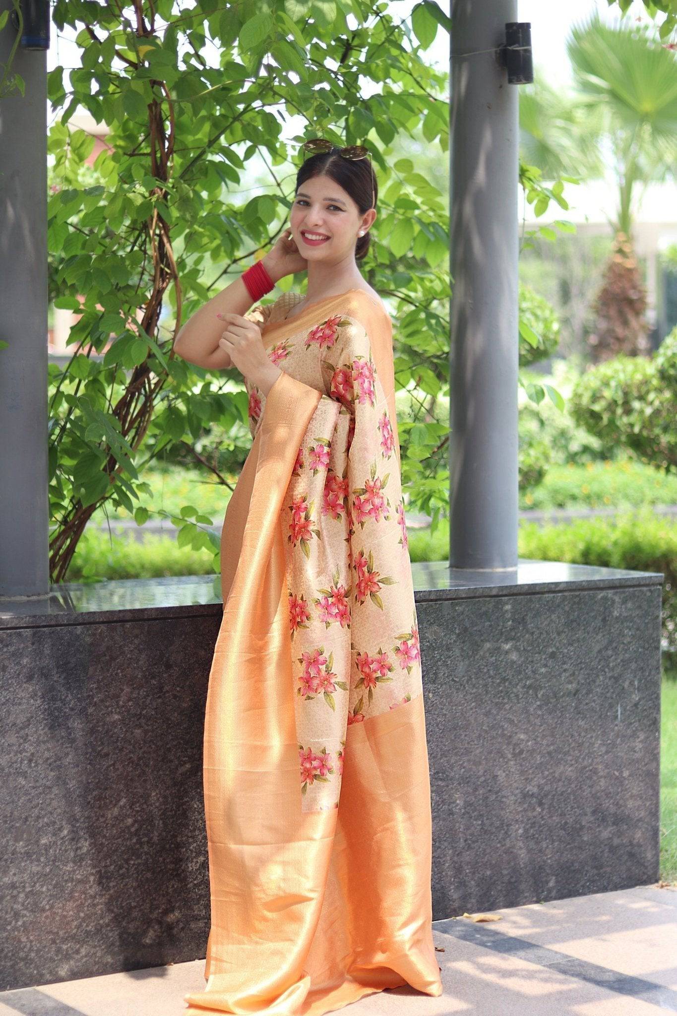 Digitally Printed Kuber Pattu Silk Saree, Exuding Regal Charm With Its Rich Pallu And Intricate Brocade Blouse, Elegantly Adorned With Enchanting Tassels On The Saree's Edge.