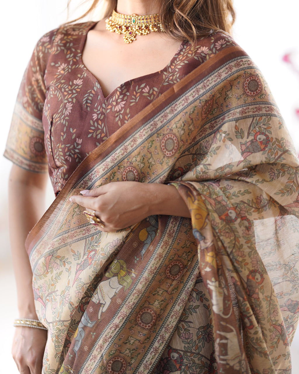 Beige & Brown Handloom Cotton Saree with Mythical Kalamkari Pallu and Elephant Motifs
