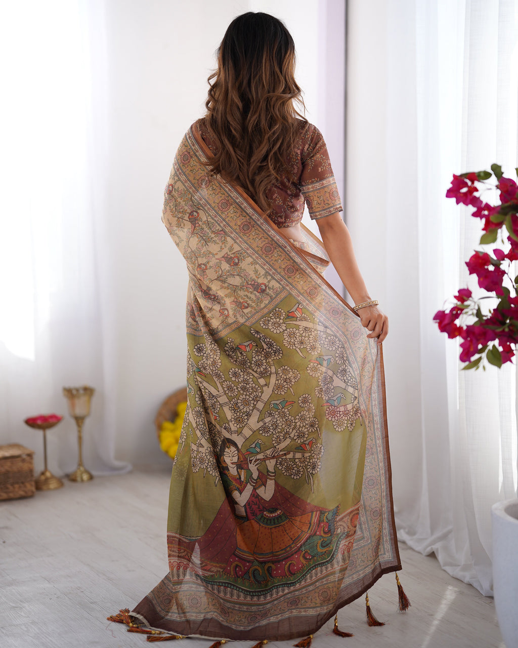 Beige & Brown Handloom Cotton Saree with Mythical Kalamkari Pallu and Elephant Motifs