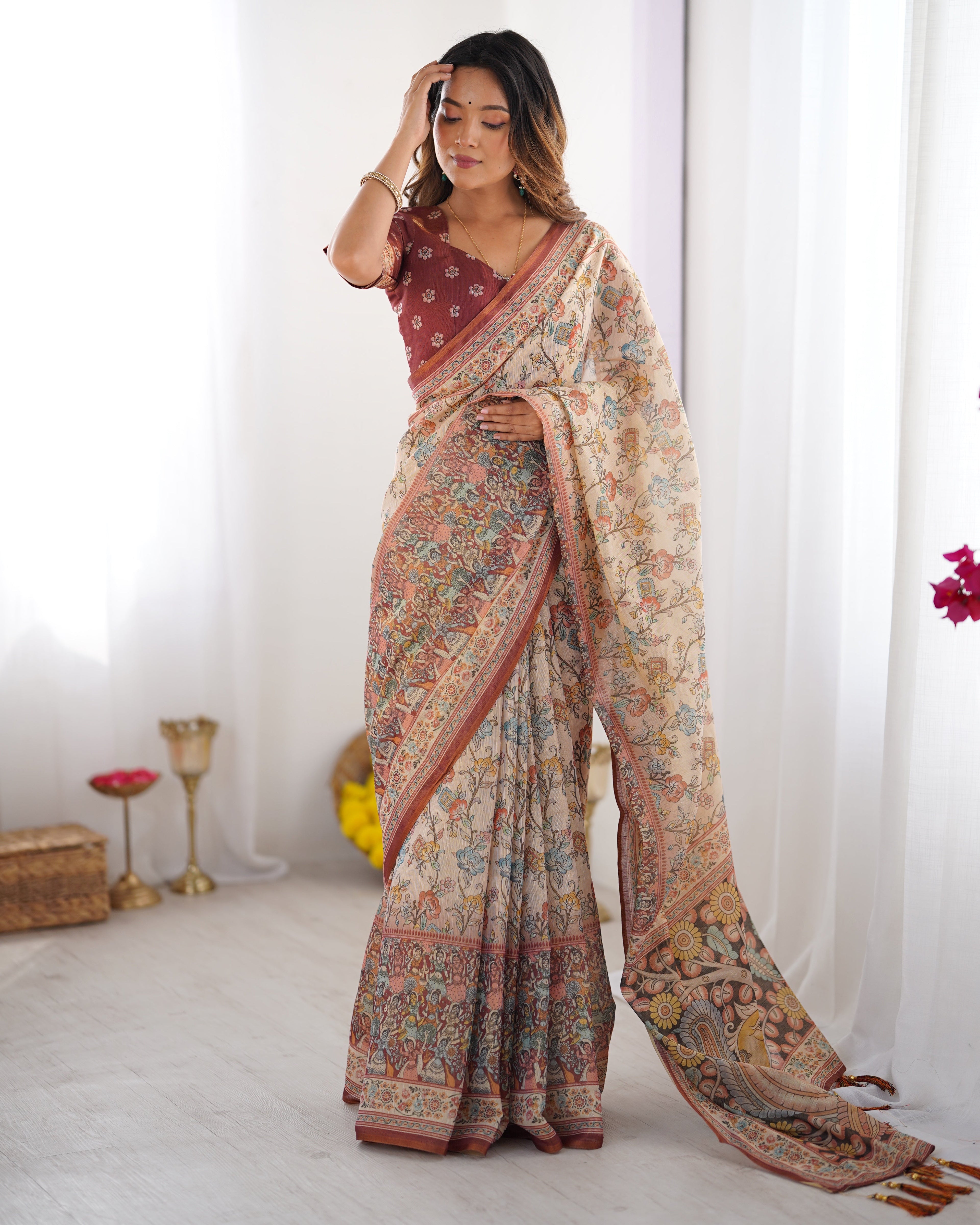 Beige & Maroon Handloom Cotton Saree with Multicolor Floral Print and Majestic Bird Art Pallu