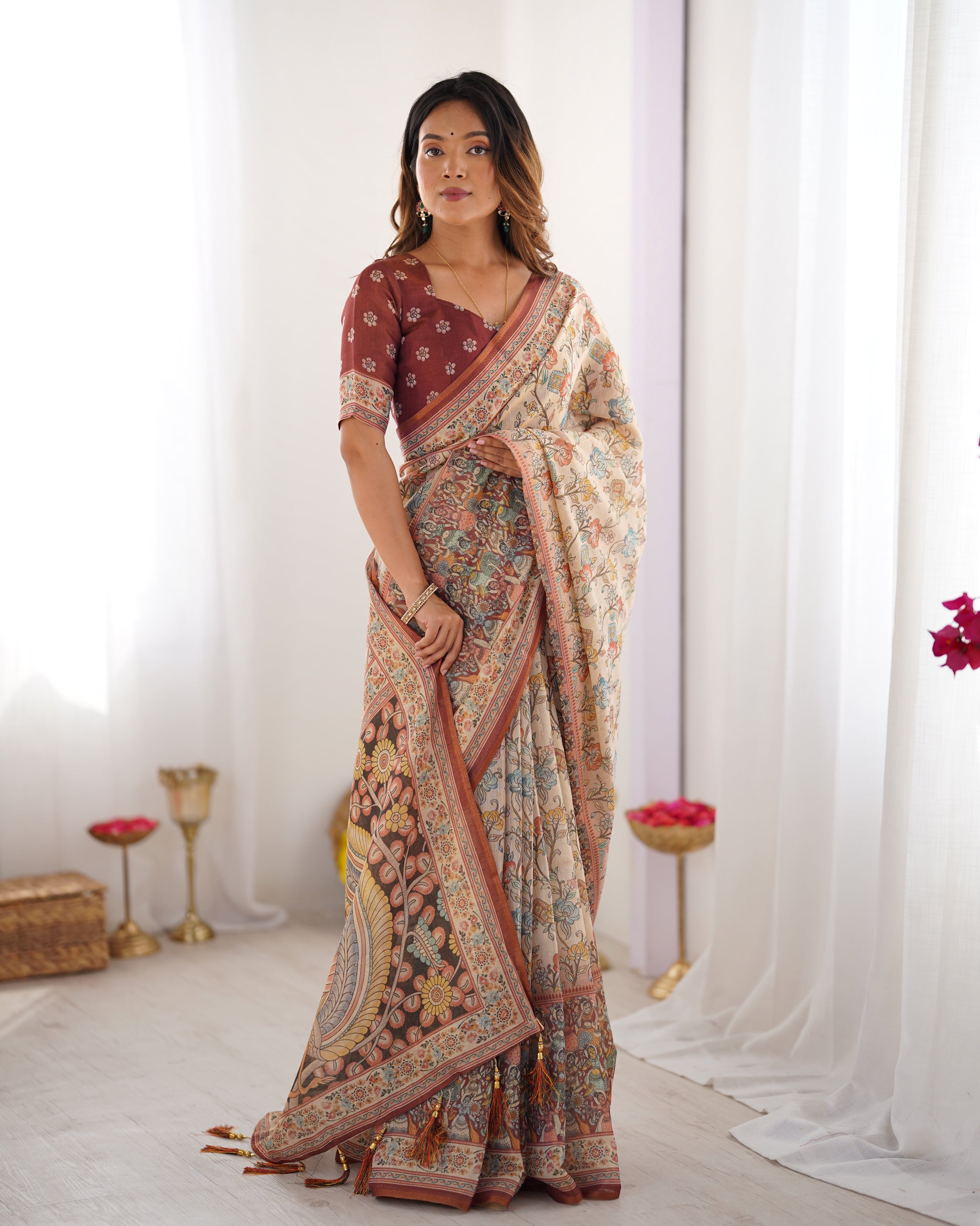 Beige & Maroon Handloom Cotton Saree with Multicolor Floral Print and Majestic Bird Art Pallu