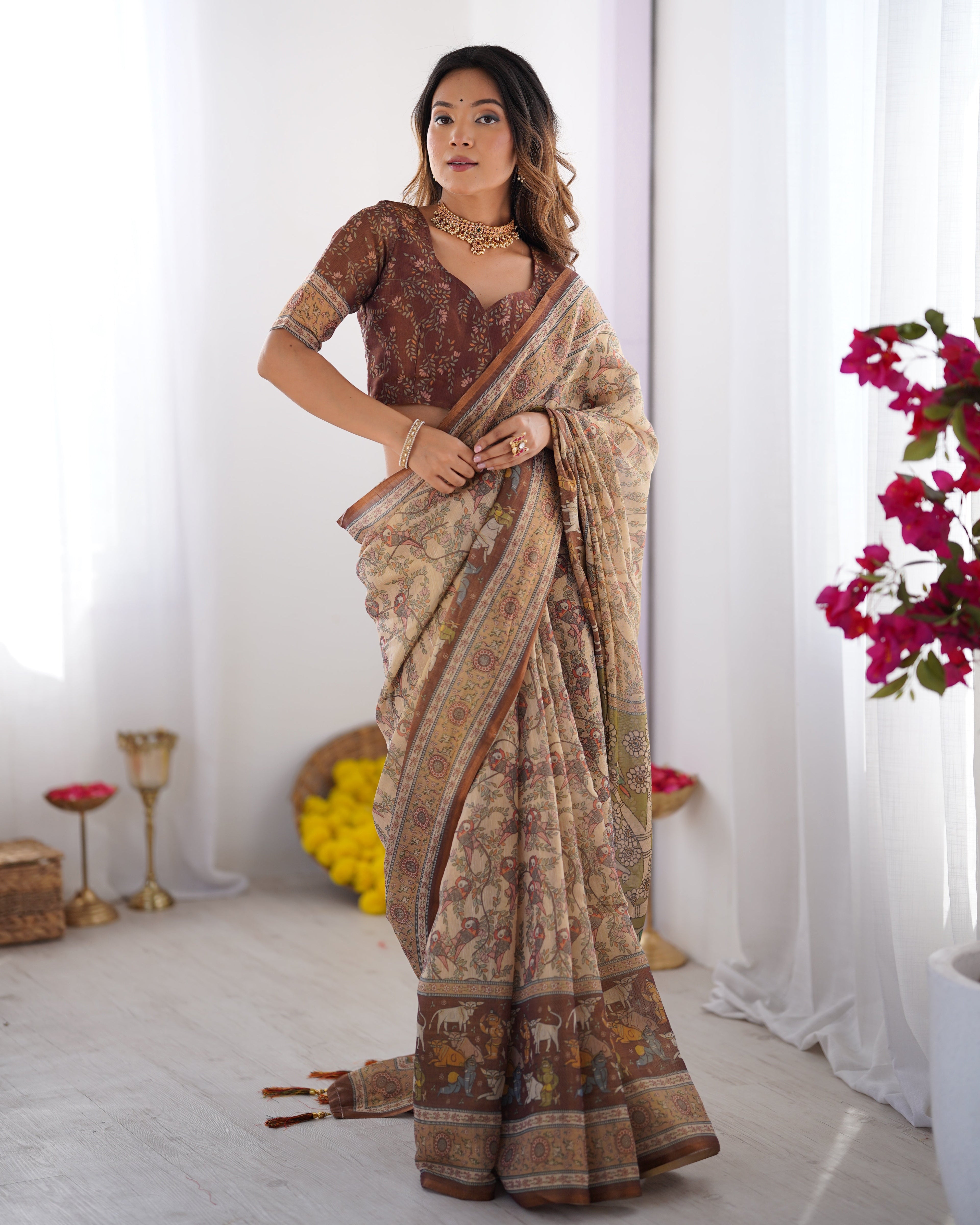 Beige & Brown Handloom Cotton Saree with Mythical Kalamkari Pallu and Elephant Motifs