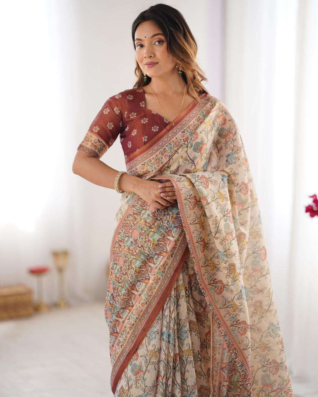 Beige & Maroon Handloom Cotton Saree with Multicolor Floral Print and Majestic Bird Art Pallu