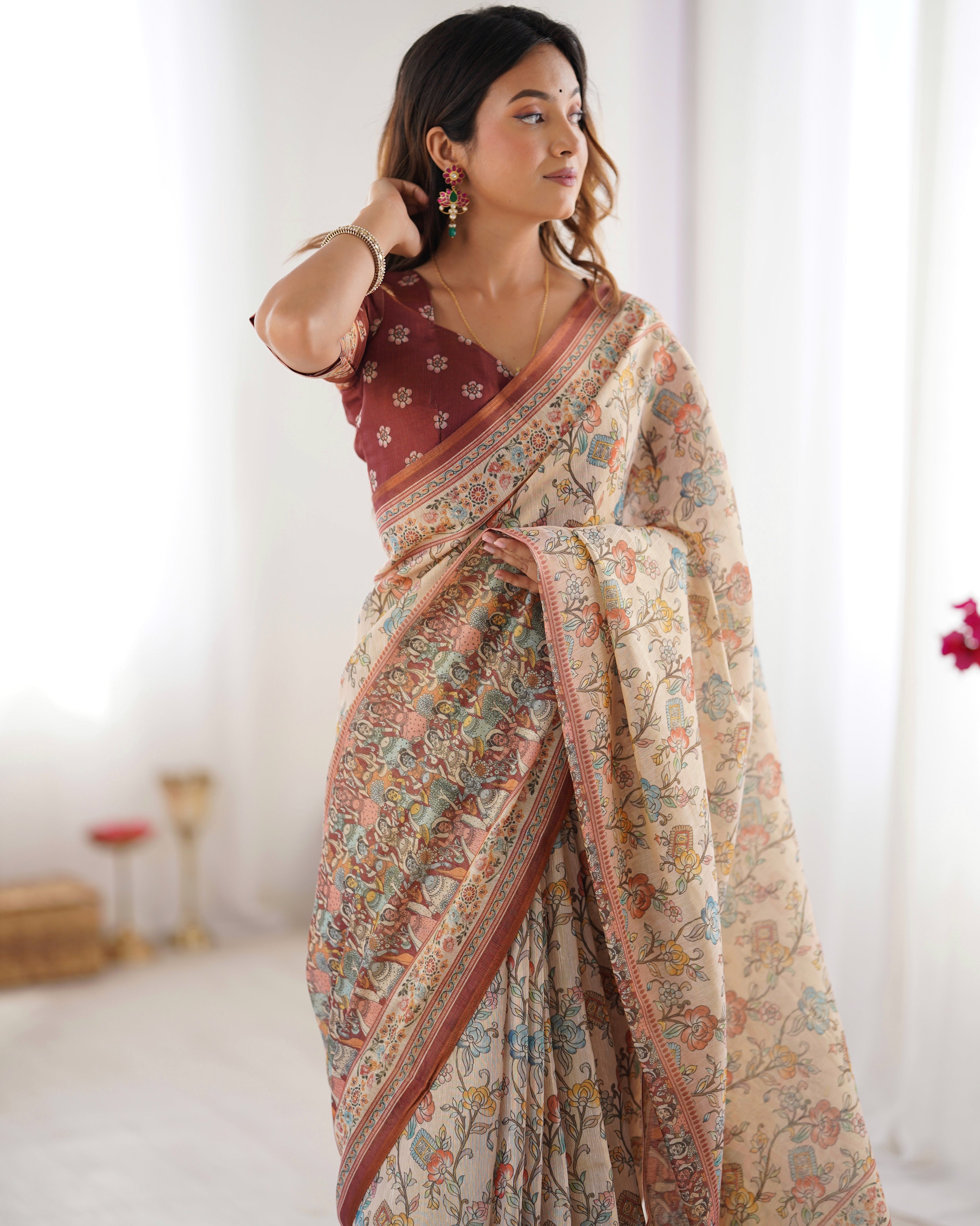 Beige & Maroon Handloom Cotton Saree with Multicolor Floral Print and Majestic Bird Art Pallu
