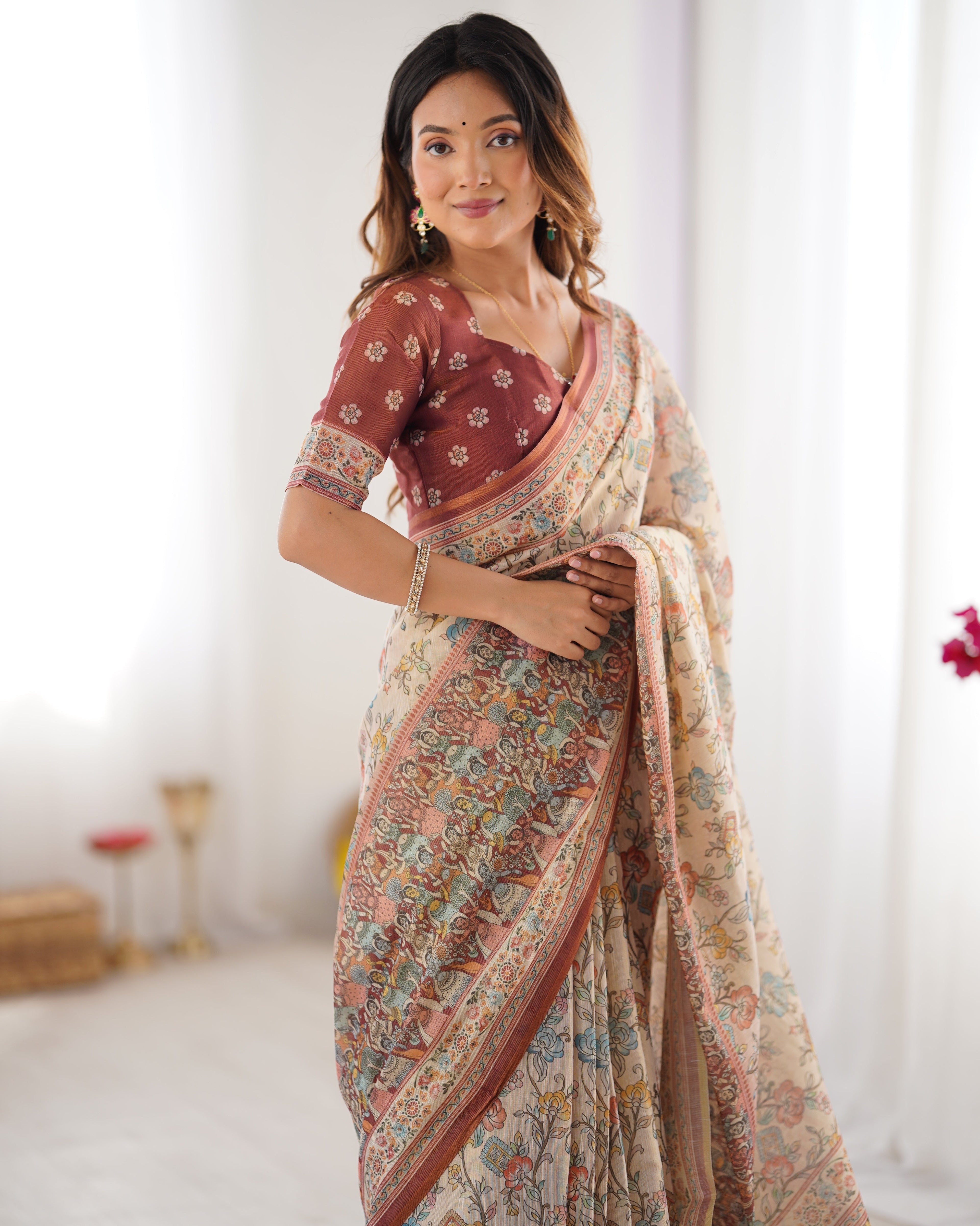 Beige & Maroon Handloom Cotton Saree with Multicolor Floral Print and Majestic Bird Art Pallu