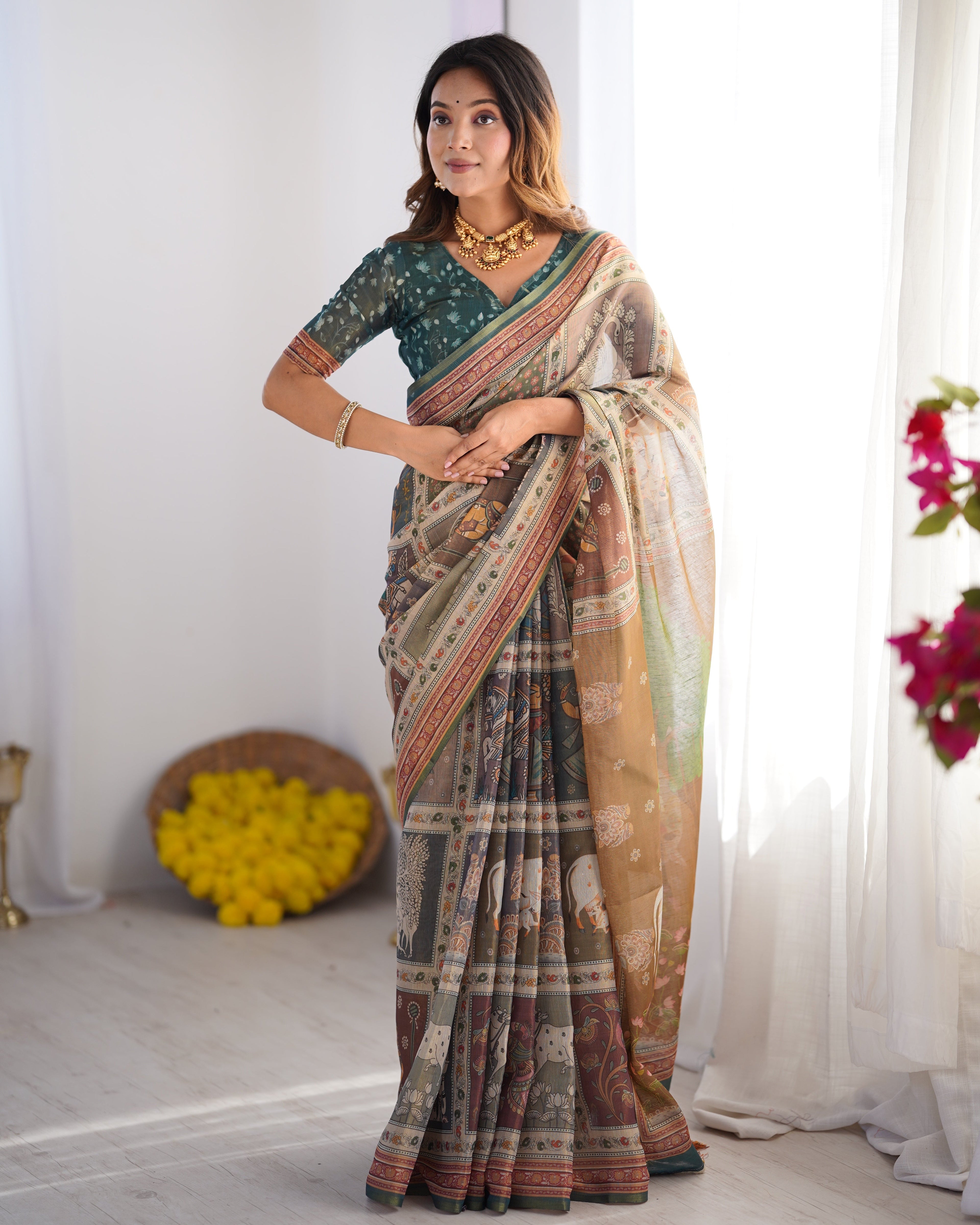 Teal Green & Brown Pure Linen Cotton Handloom Saree with Royal Cow & Tree Motif Pallu