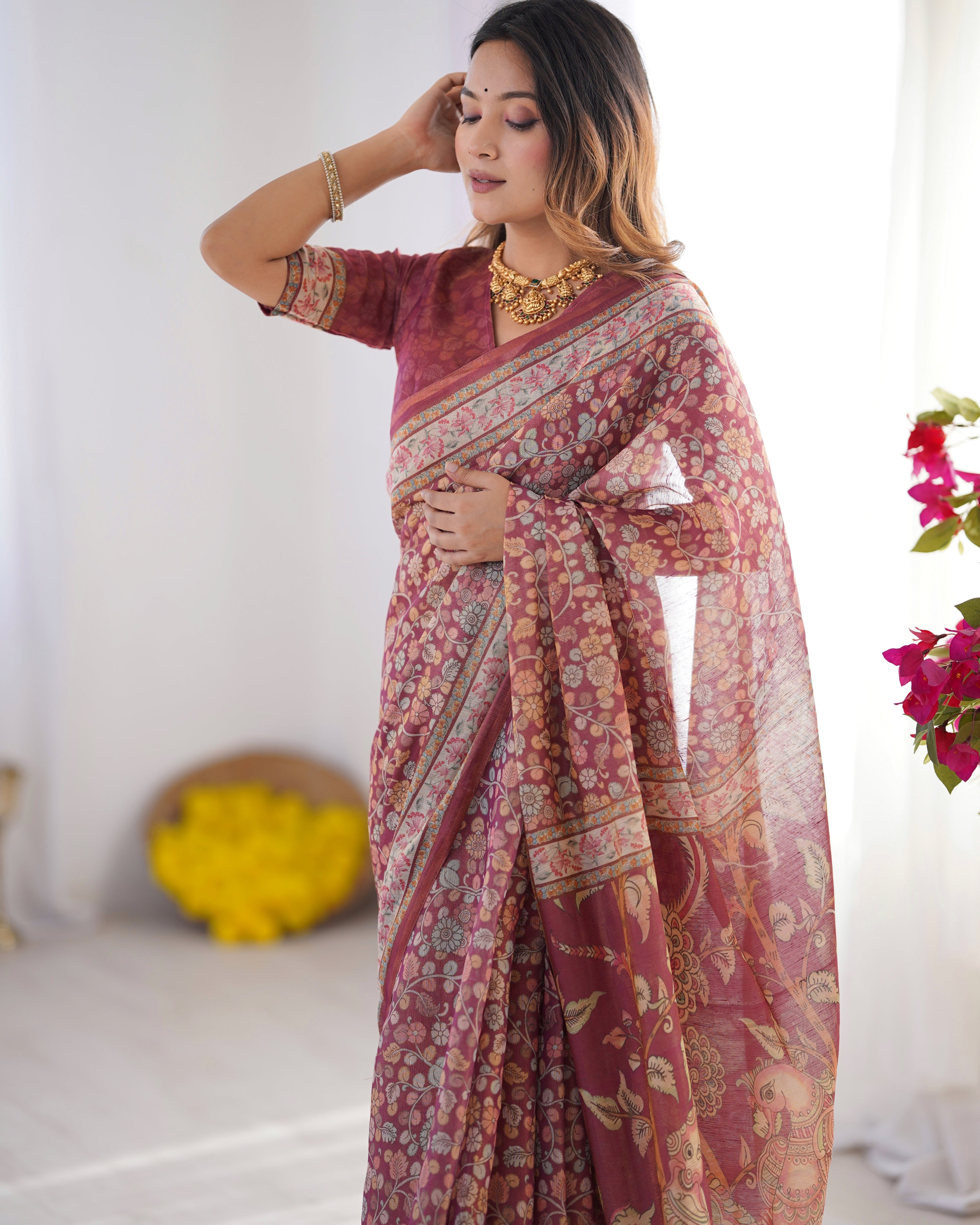 Maroon Pure Linen Cotton Handloom Saree with Elephant & Floral Folk Art