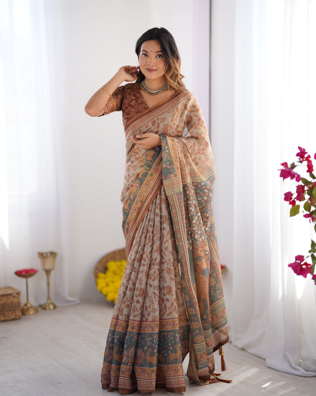 Beige & Rust Pure Linen Cotton Saree with Folk Animal Motif & Floral Print