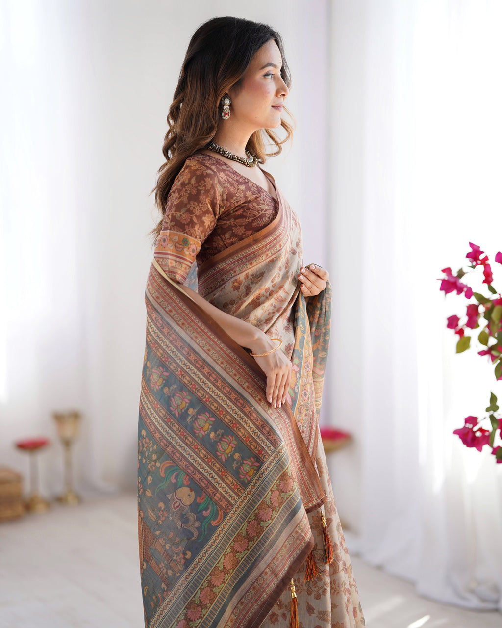 Beige & Rust Pure Linen Cotton Saree with Folk Animal Motif & Floral Print