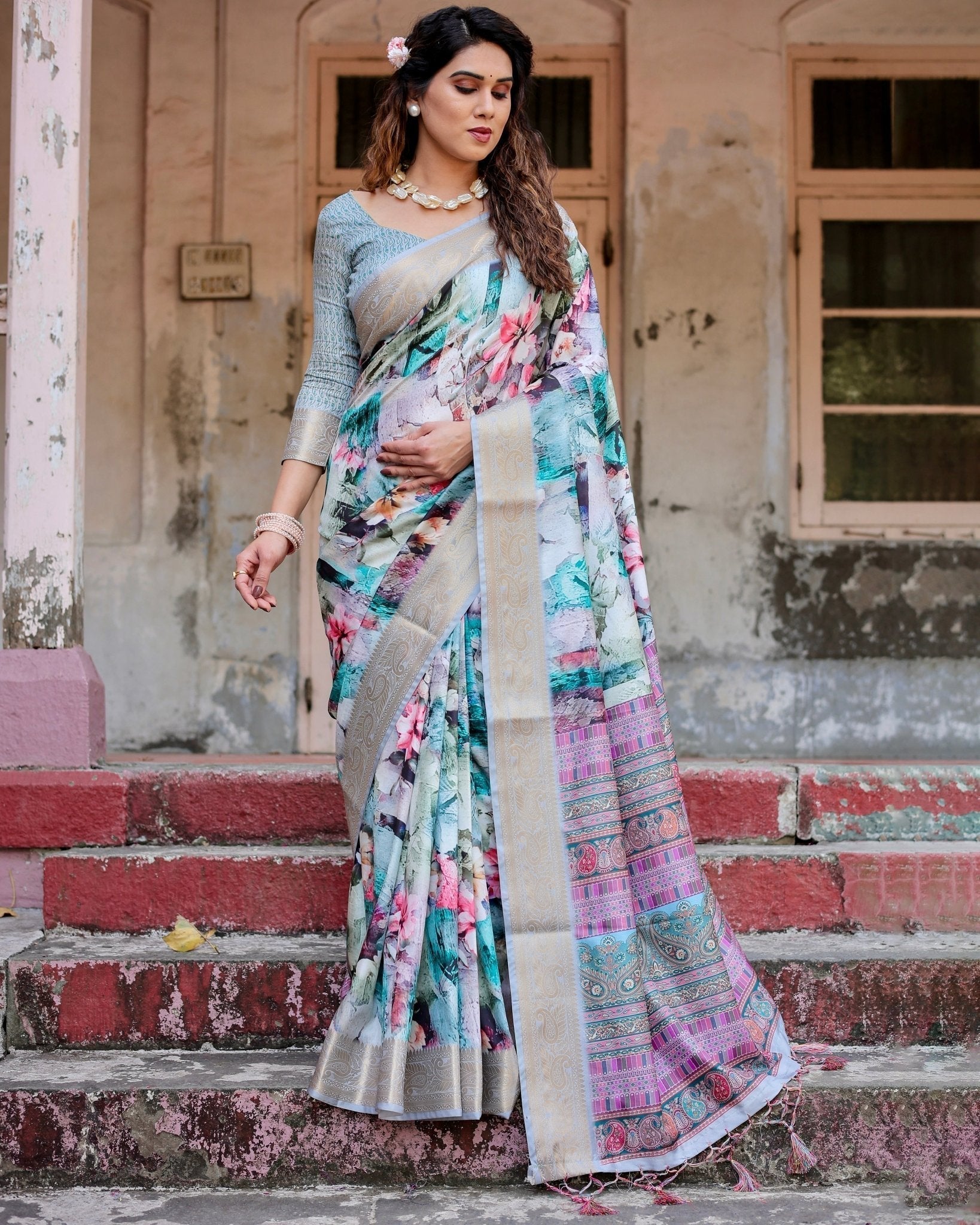 Graceful Floral Digital Print Saree with Gold Paisley Border and Multicolor Pallu