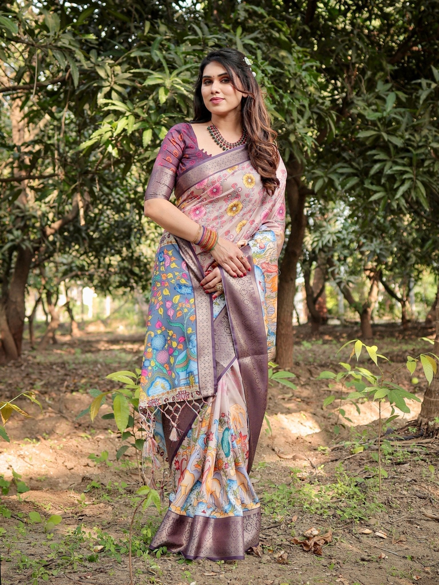 Pastel Beige Tussar Silk Saree with Vibrant Floral Motifs and Zari Border