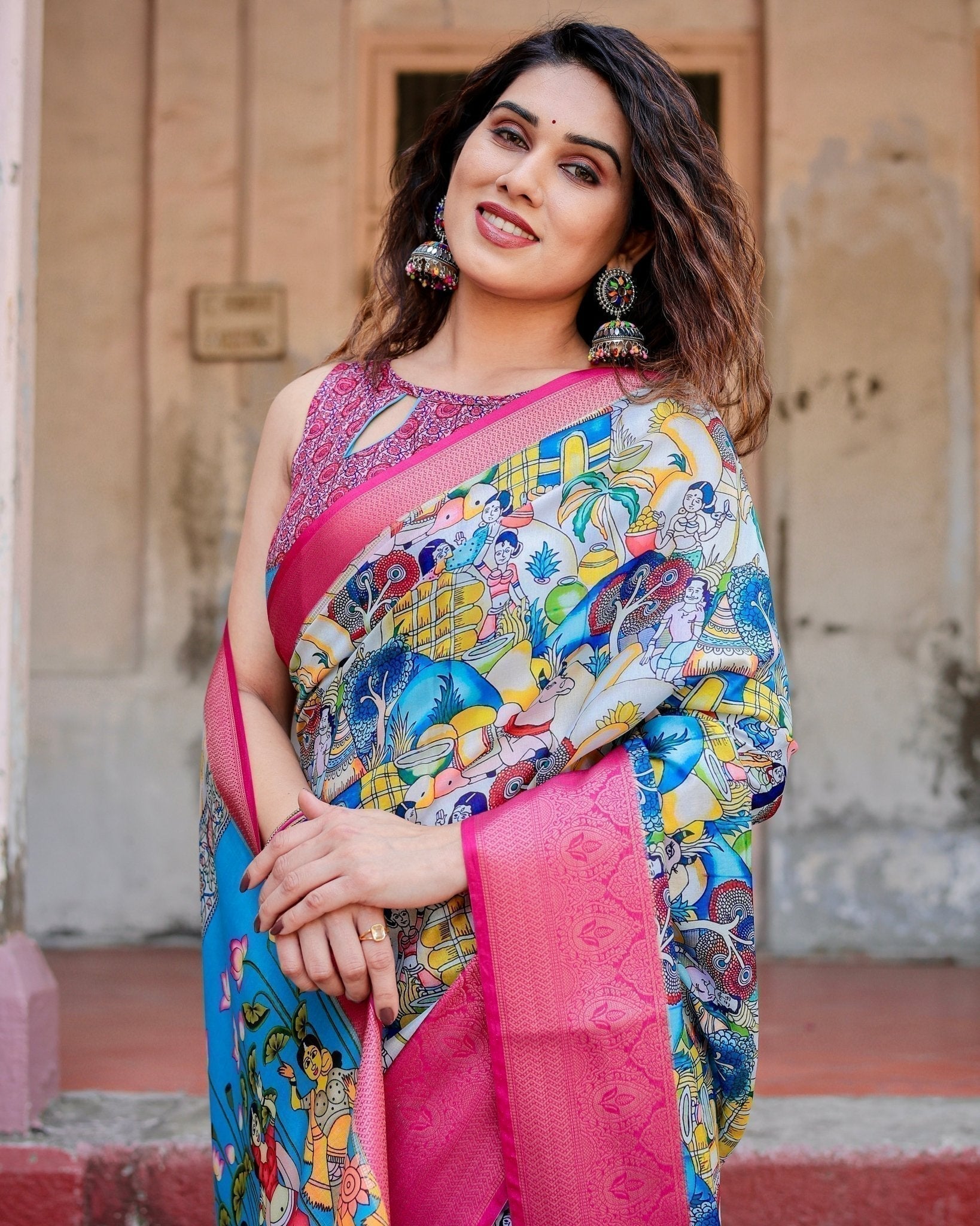 Vibrant Multicolor Digital Printed Tussar Silk Saree with Pink Zari Border