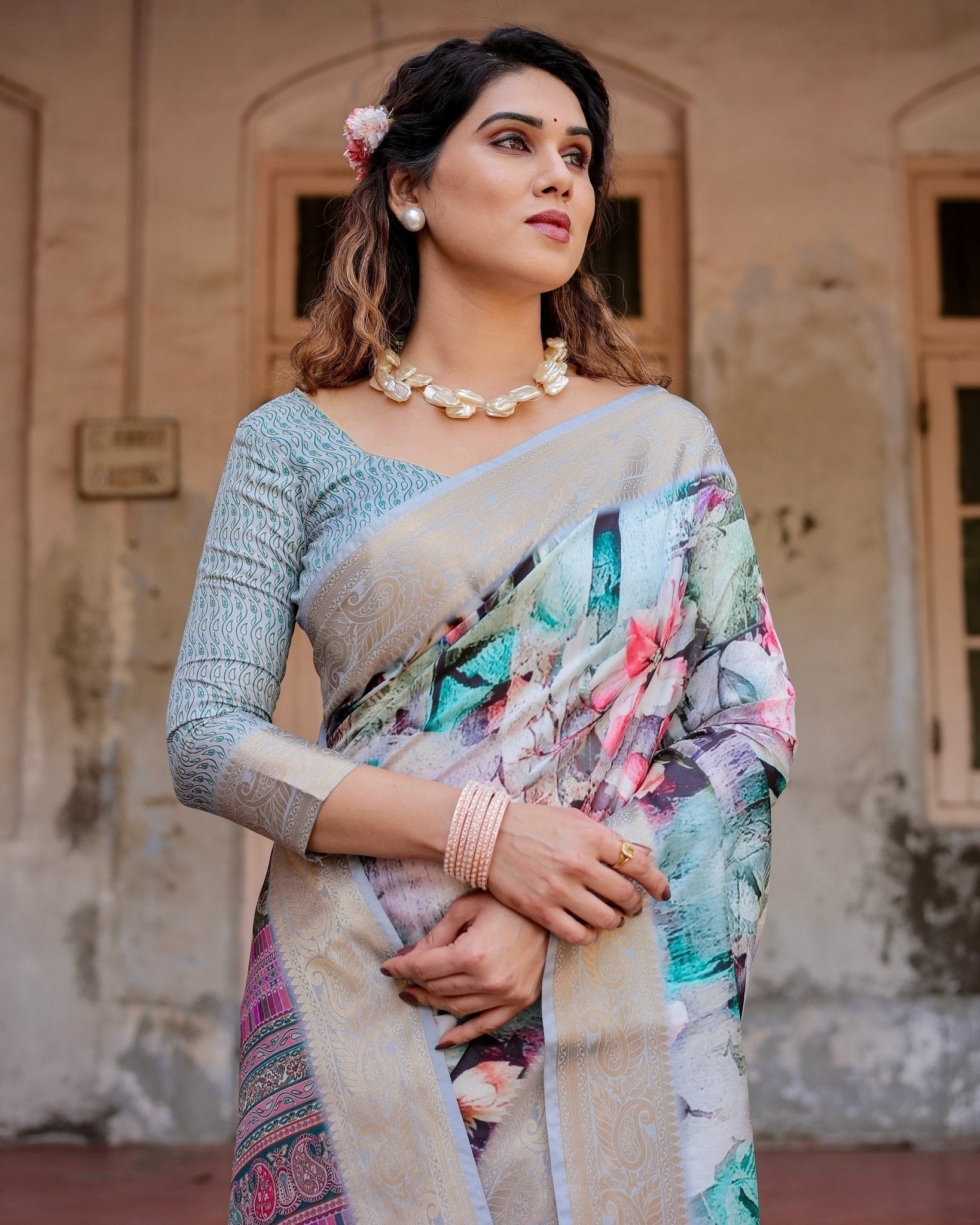 Graceful Floral Digital Print Saree with Gold Paisley Border and Multicolor Pallu