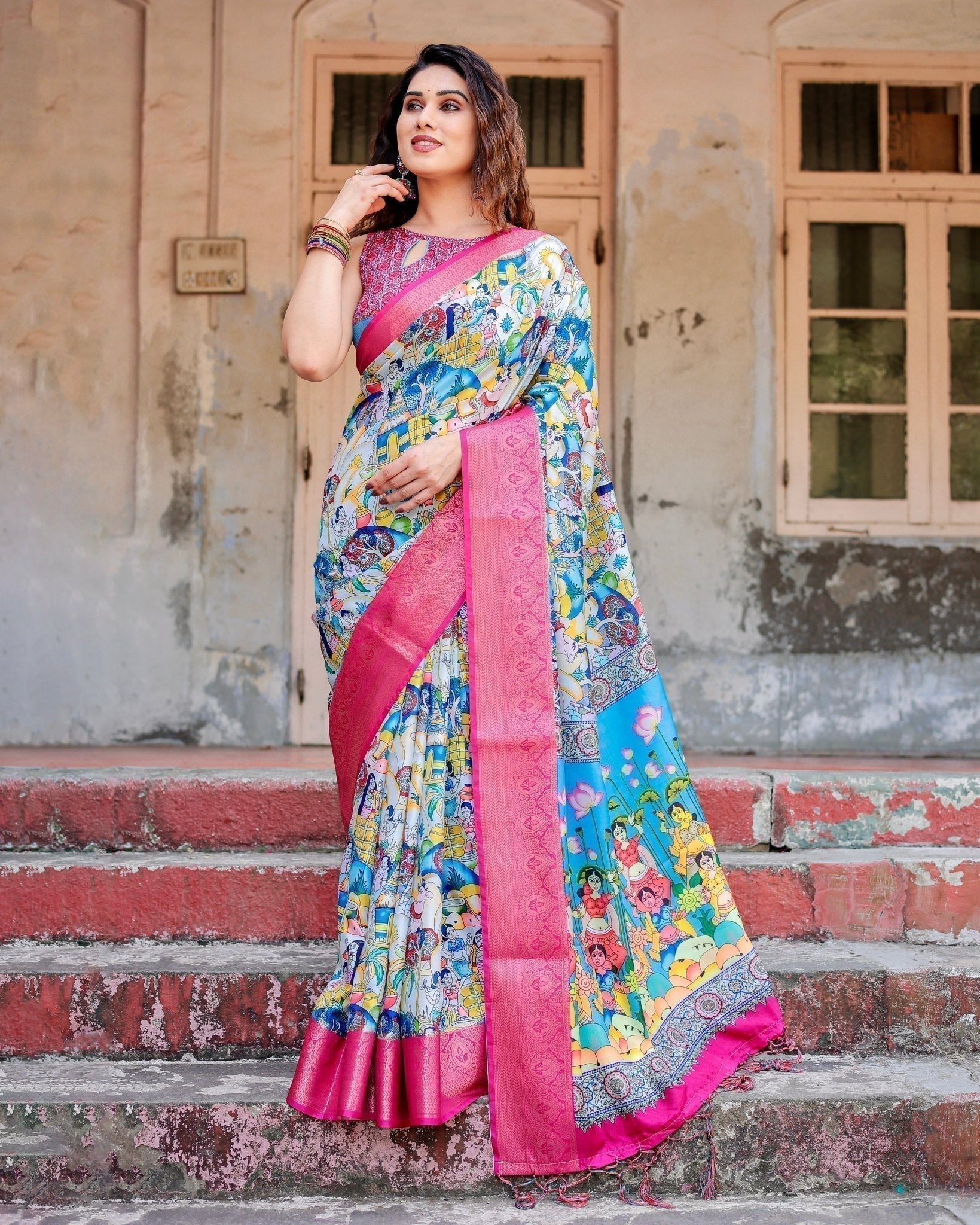 Vibrant Multicolor Digital Printed Tussar Silk Saree with Pink Zari Border