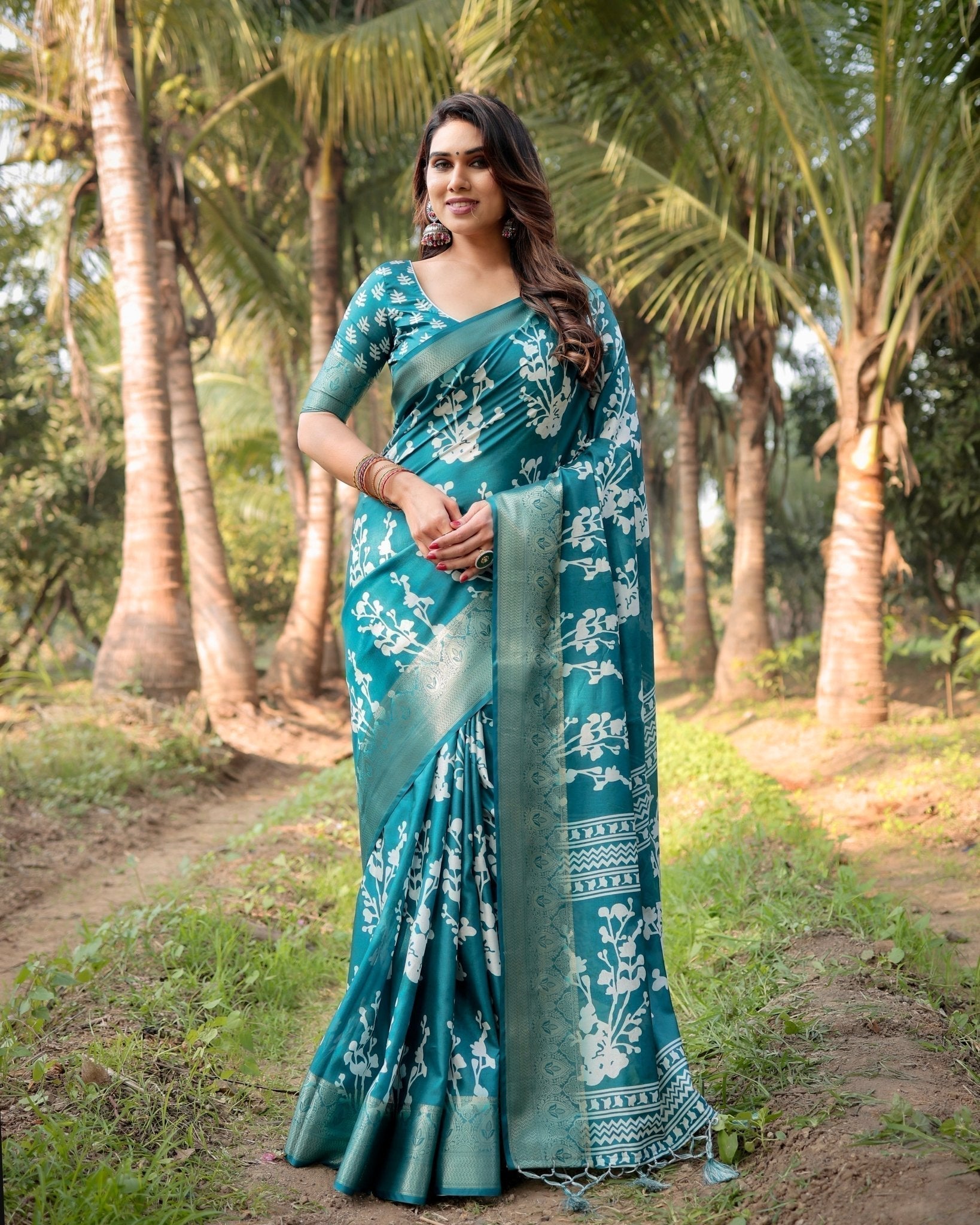 Teal Blue Tussar Silk Saree with White Floral Design, Gold Zari Border & Tassel Pallu