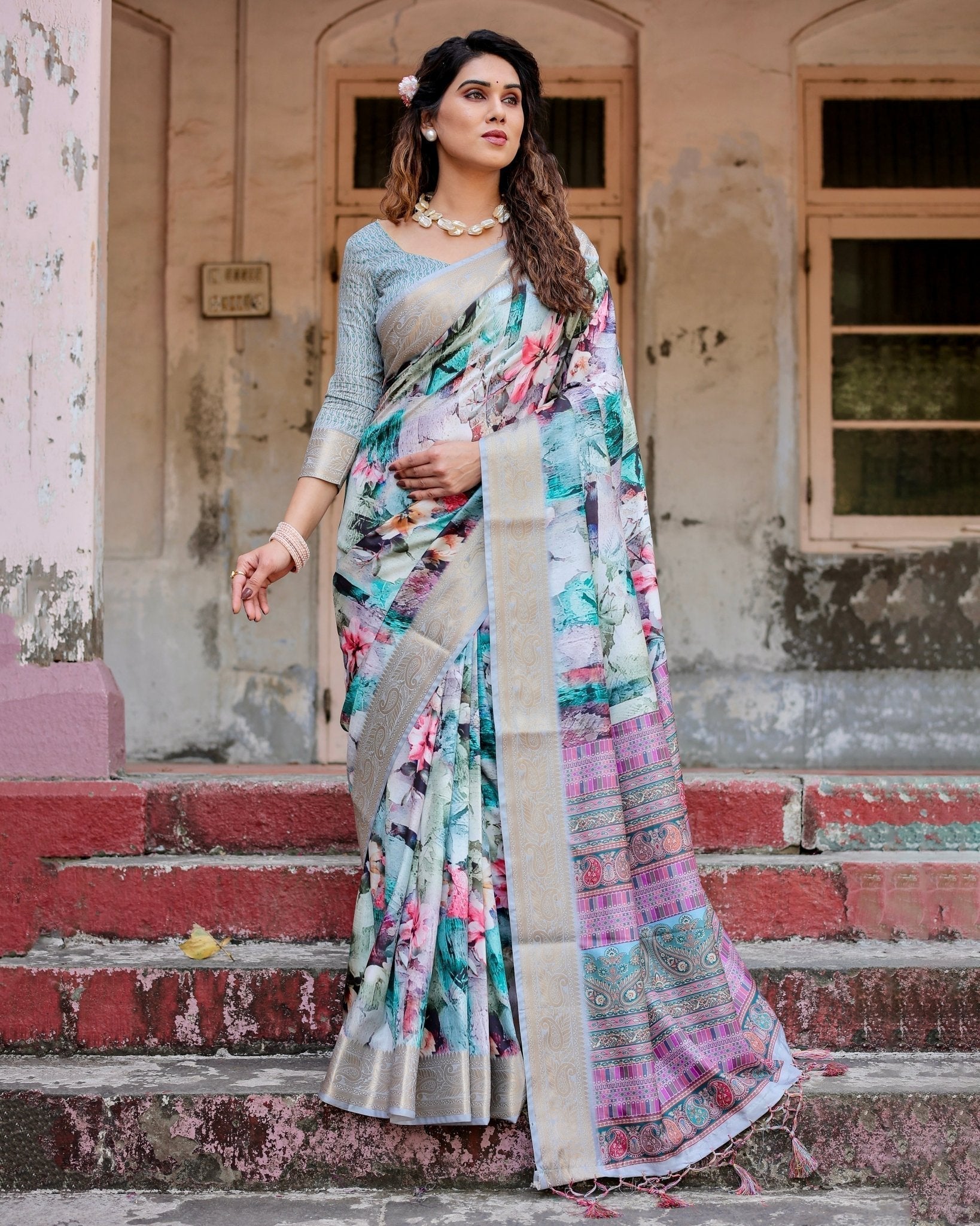 Graceful Floral Digital Print Saree with Gold Paisley Border and Multicolor Pallu