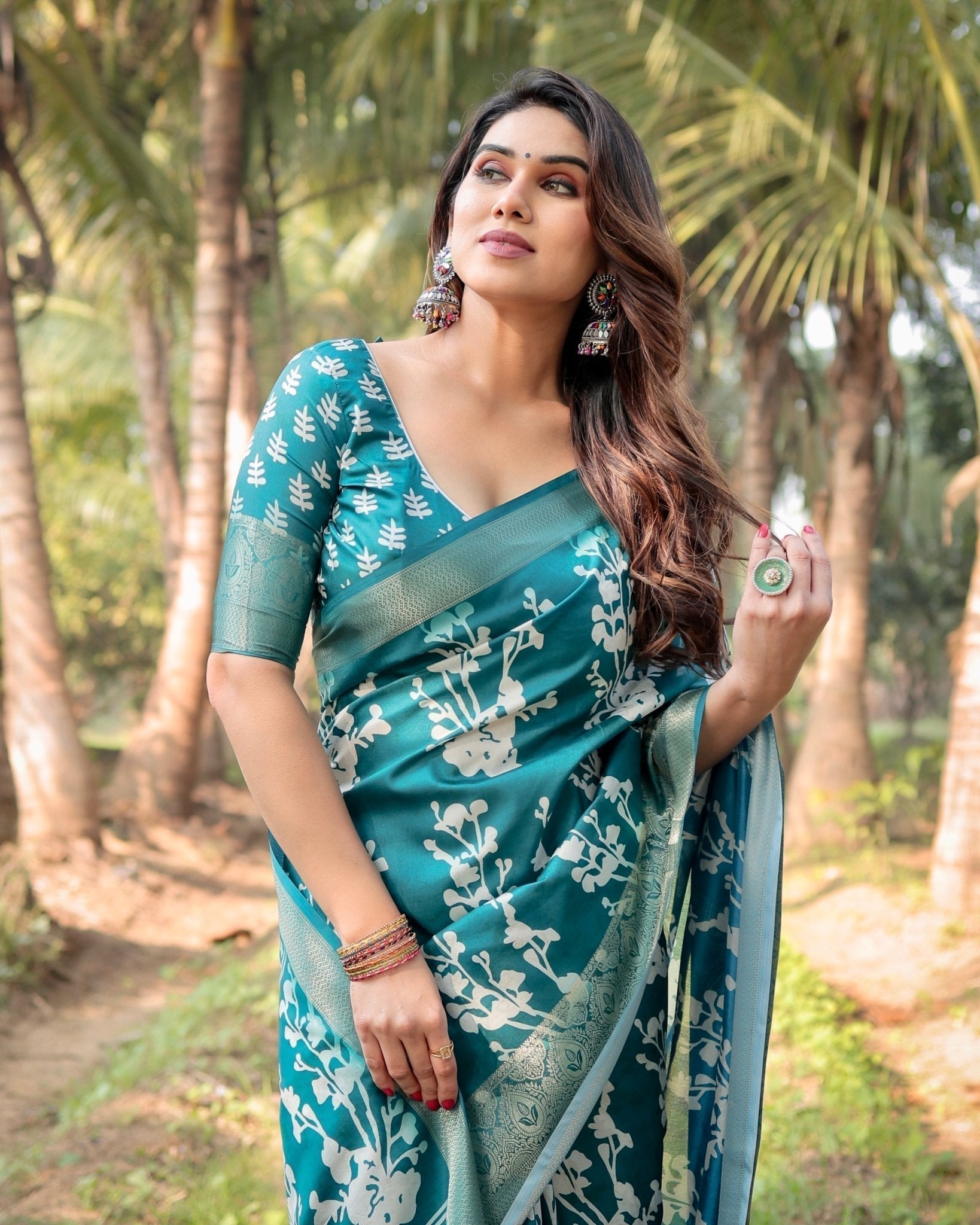 Teal Blue Tussar Silk Saree with White Floral Design, Gold Zari Border & Tassel Pallu
