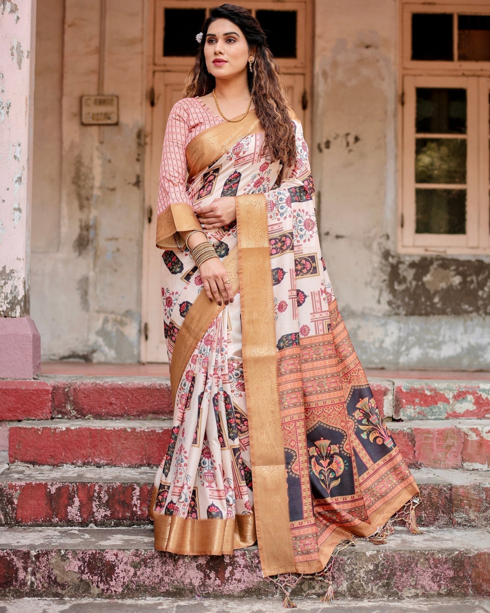 Ivory Tussar Silk Saree with Artistic Floral Motifs and Gleaming Golden Zari Border